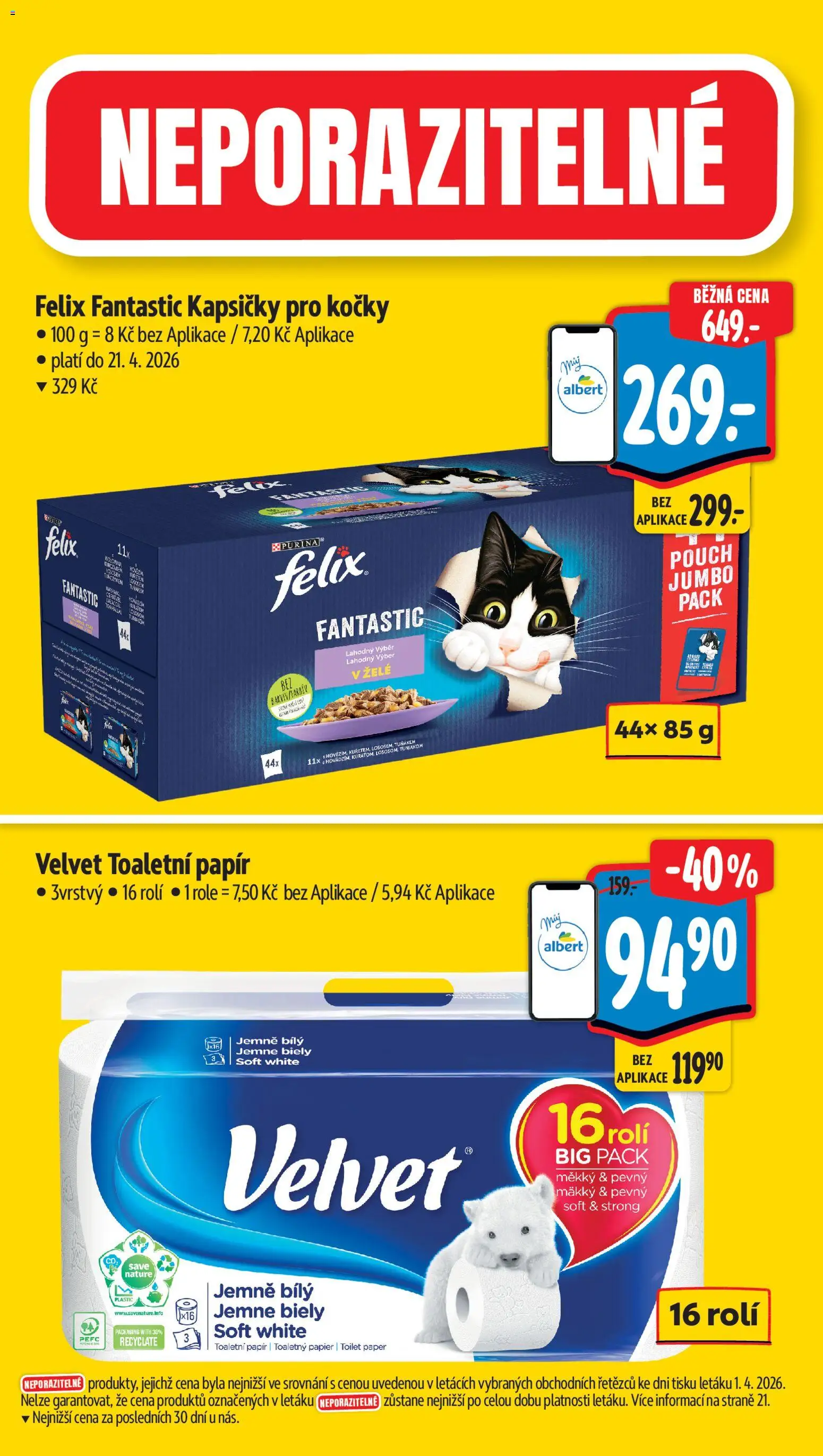 Albert leták - Supermarket od 07.04.2026 | Strana: 4 | Produkty: Felix fantastic, Kapsičky pro kočky, Toaletní papír, Velvet