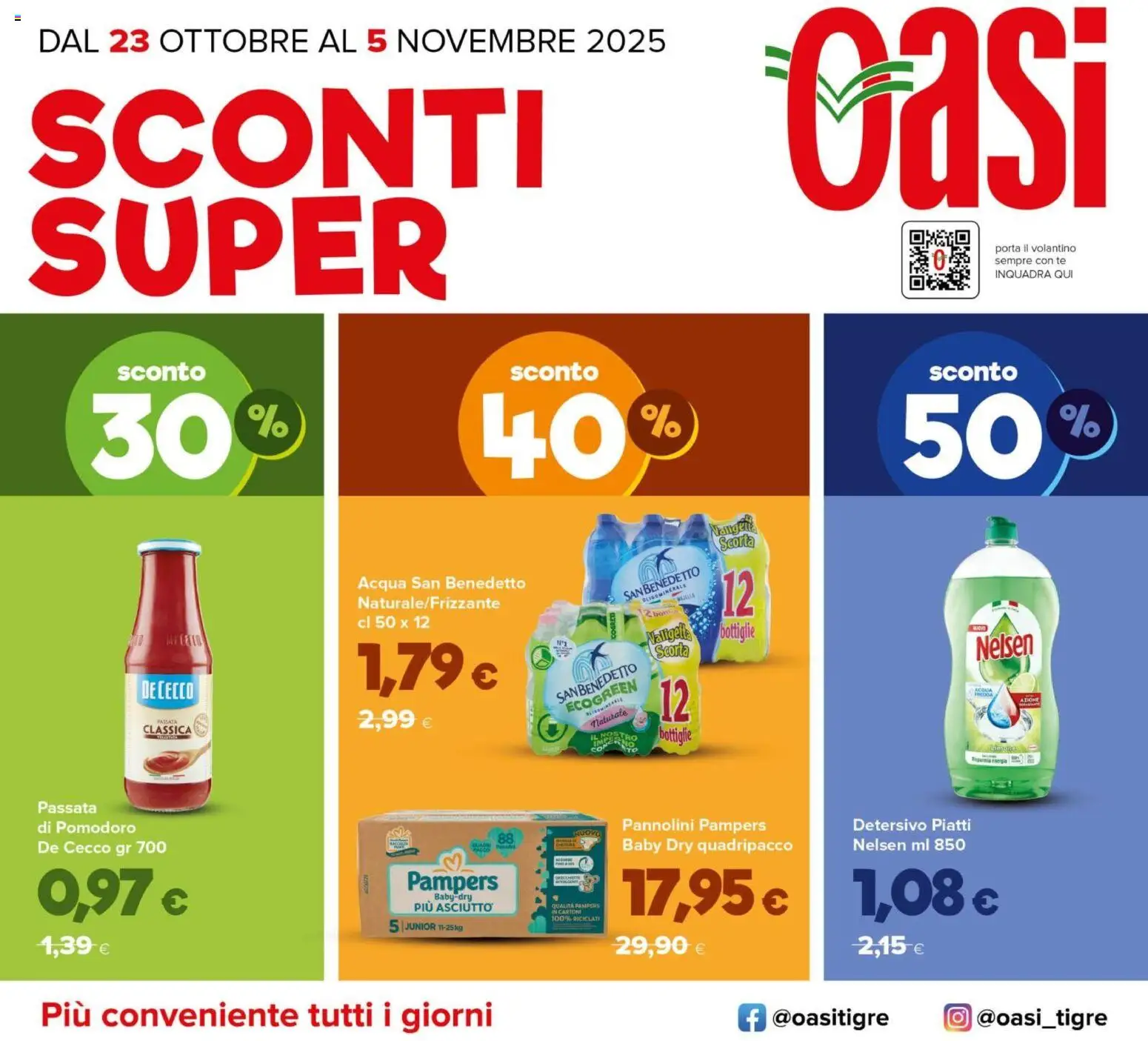 Volantino Oasi del 23.10.2025 | Pagina: 1 | Prodotti: Pannolini, Tè, Acqua, Passata di pomodoro
