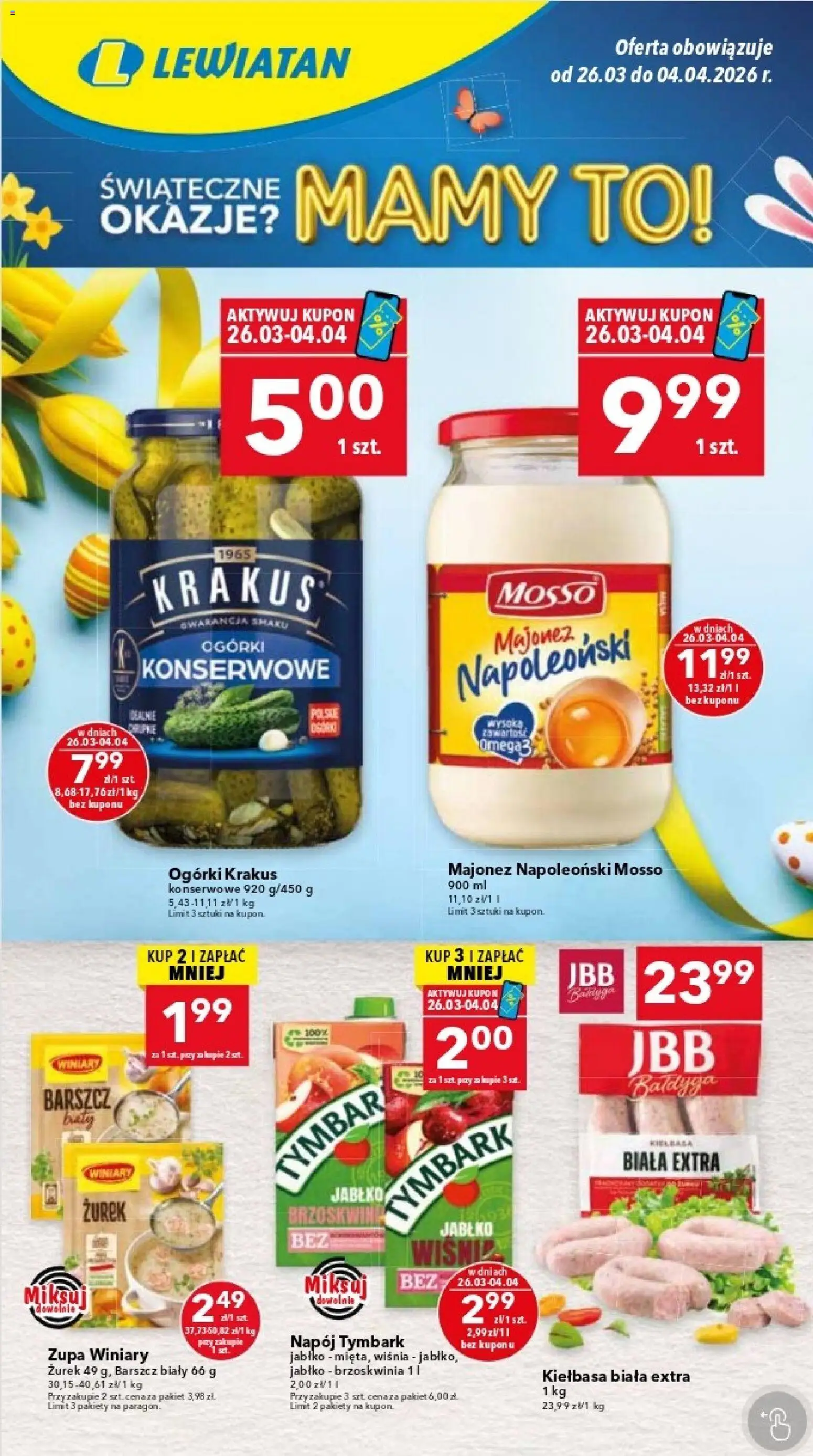 Lewiatan gazetka - Warszawa od 26.03.2026 | Strona: 1 | Produkty: Brzoskwinia, Barszcz, Zurek, Ogórki
