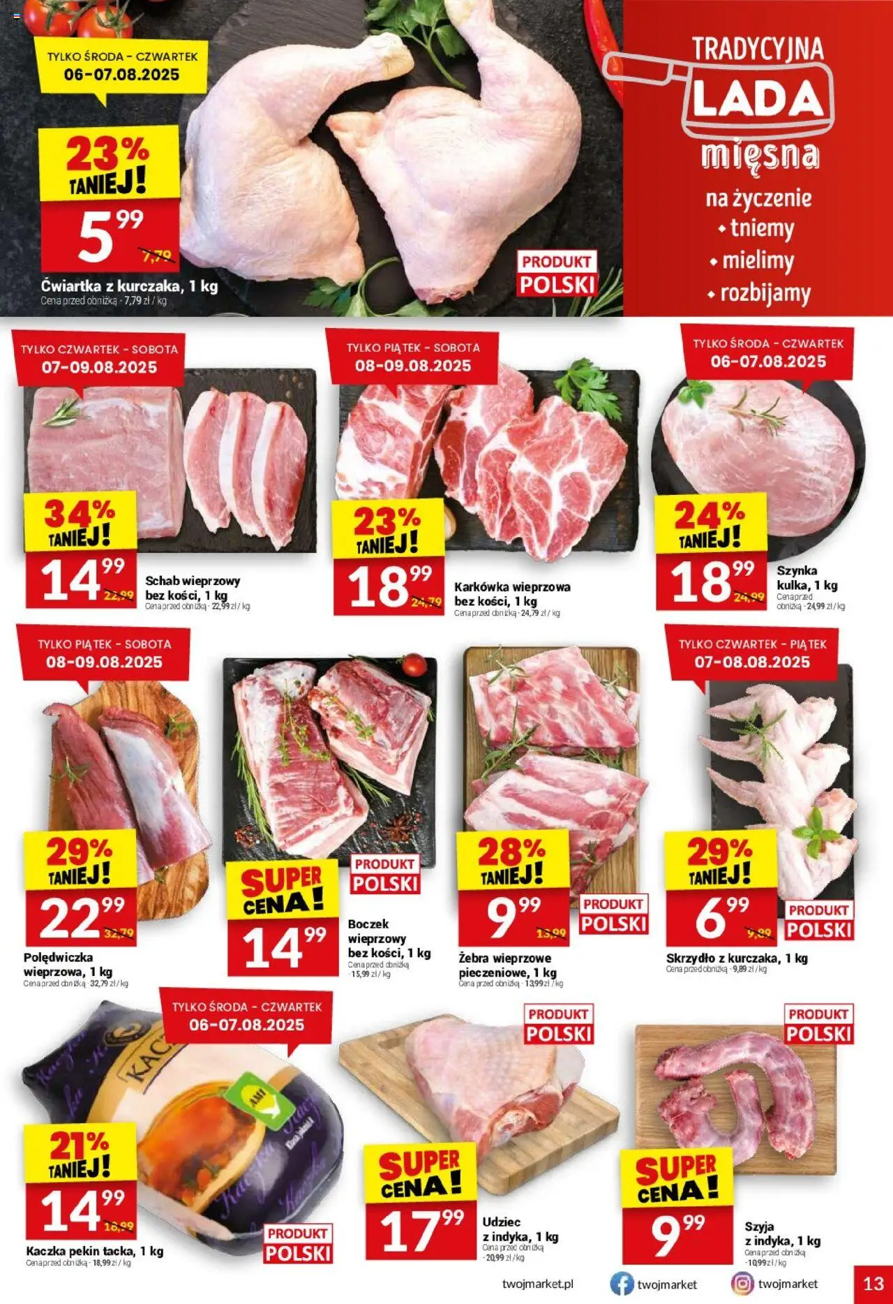 Twój Market Gazetka od 06.08.2025 | Strona: 13 | Produkty: Karkówka, Schab, Kaczka, Boczek