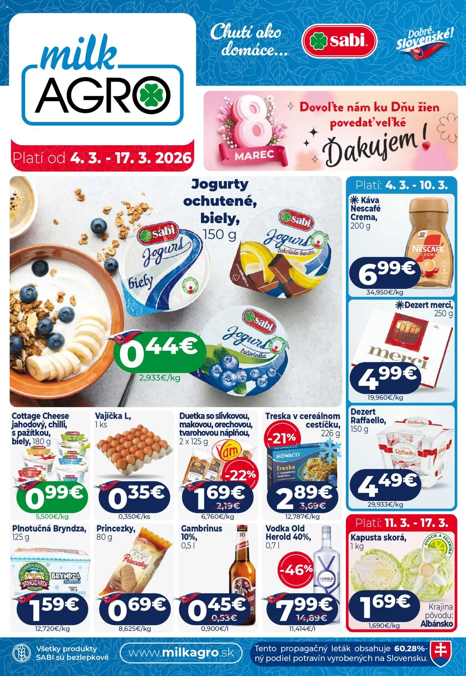 Nové Milk Agro akcie – leták je platný od 04.03.2026 | Strana: 1 | Produkty: Jogurt, Bryndza, Gambrinus, Nescafé Crema