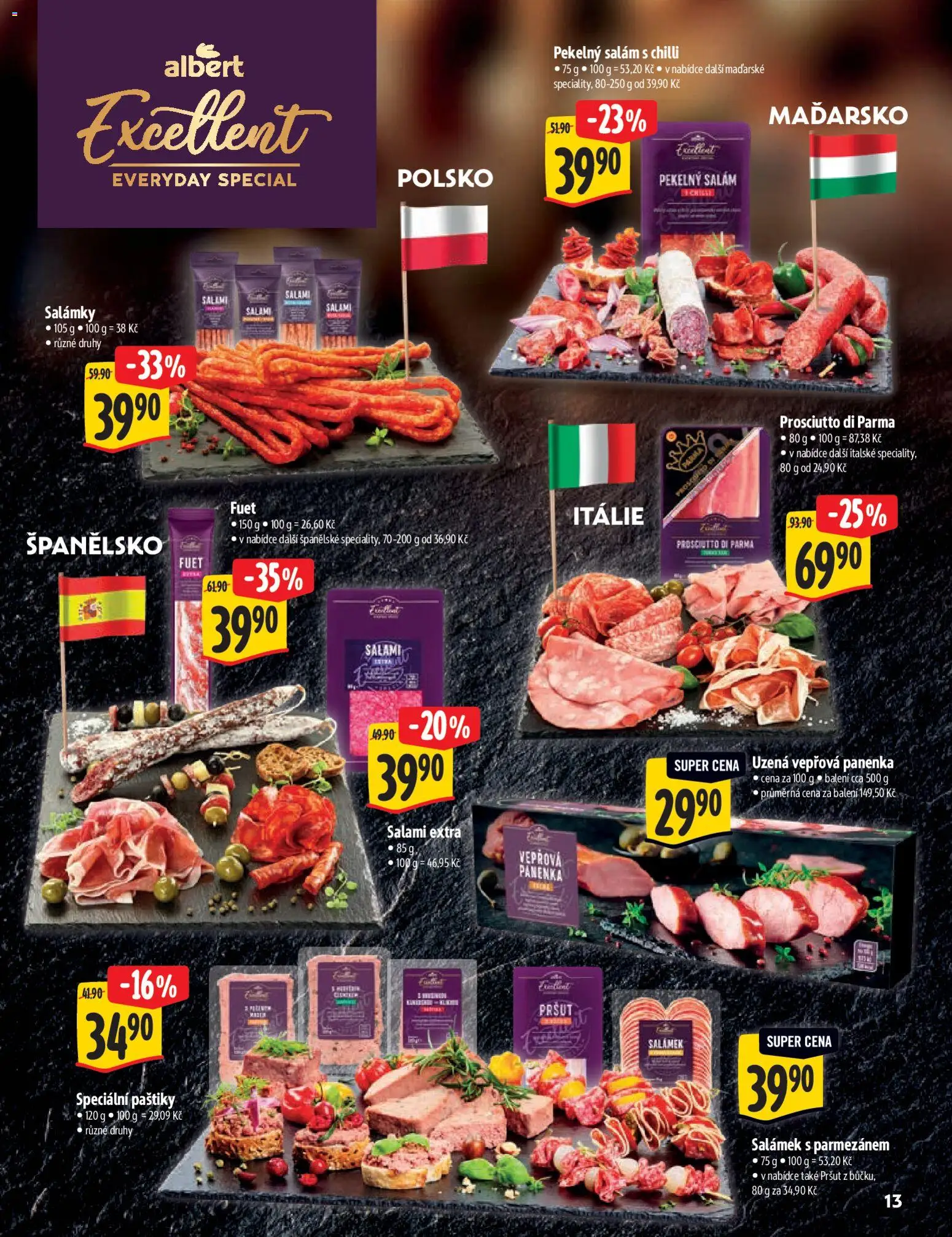Albert katalog - Hypermarket od 25.03.2026 | Strana: 13 | Produkty: Salám, Prosciutto, Vepřová panenka, Fuet