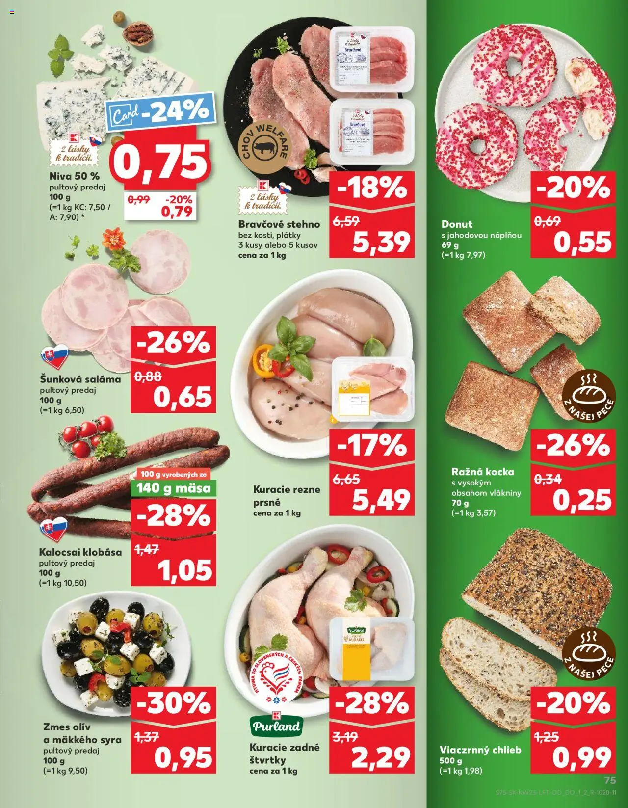 Nové Kaufland akcie – leták je platný od 05.06.2025 | Strana: 75 | Produkty: Chlieb, Donut, Klobása, Bravčové stehno