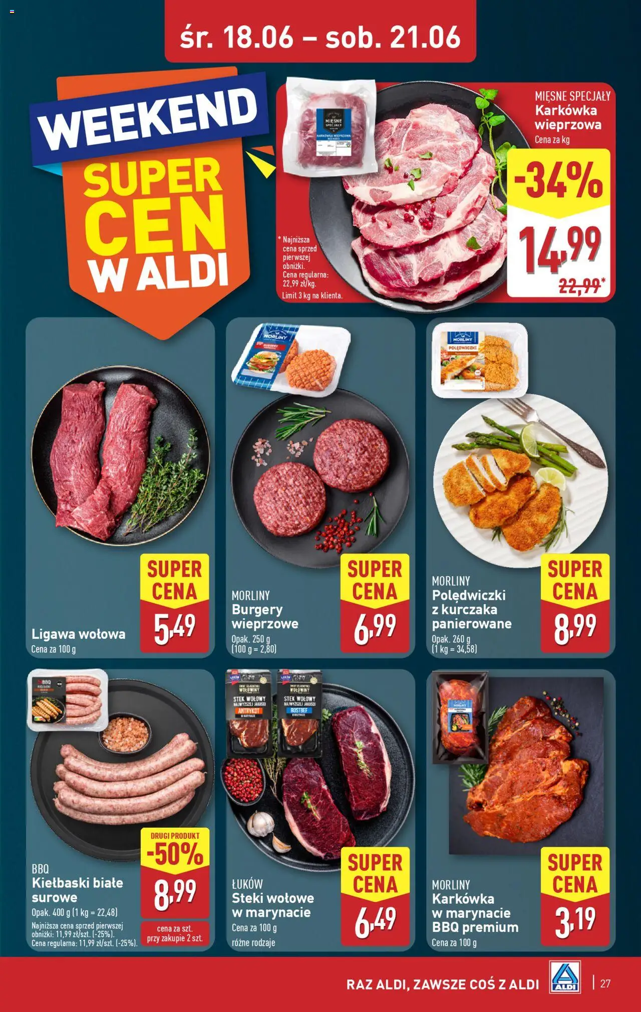 Aldi Gazetka od 16.06.2025 | Strona: 27 | Produkty: Karkówka, Karkówka wieprzowa, Steki, Kiełbaski