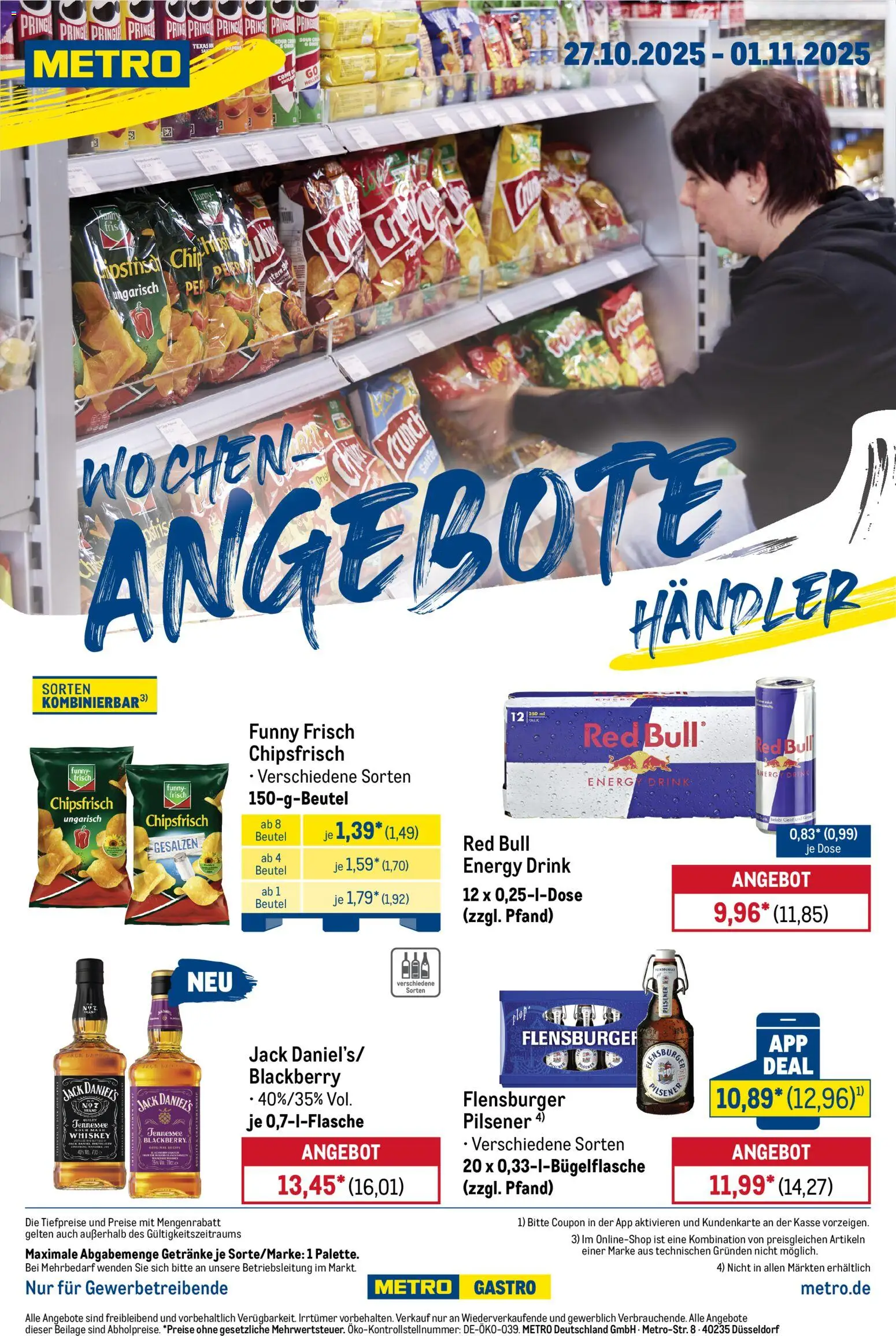 Metro Wochen-Angebote Händler – gültig ab 27.10.2025 | Seite: 1 | Produkte: Funny frisch, Jack Daniel's, Flensburger, Whiskey