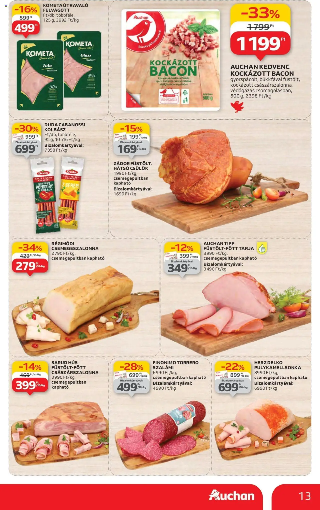 Auchan akciós ujság - amely érvényes a következő dátumtól: 19.06.2025 | Oldal: 13 | Termékek: Kockázott bacon, Kolbász, Szalámi, Felvágott