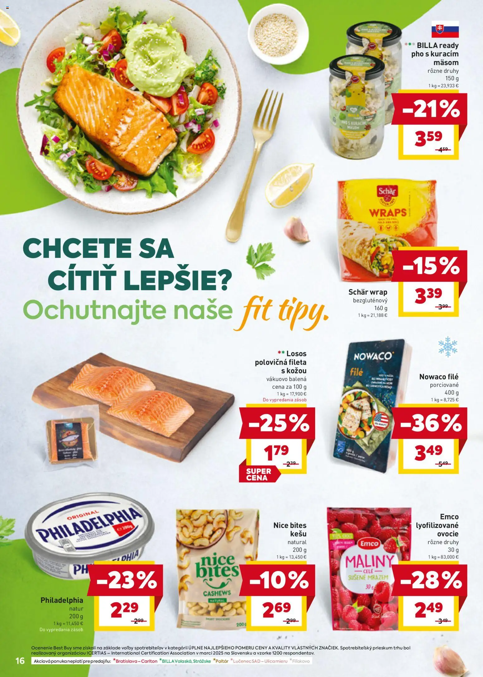 Nové Billa akcie – leták je platný od 21.01.2026 | Strana: 16 | Produkty: Losos, Maliny, Ovocie