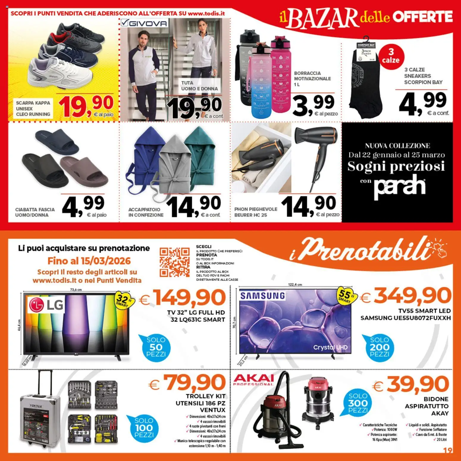 Volantino Todis del 05.03.2026 | Pagina: 19 | Prodotti: Sneakers, TV, Trolley, Borraccia
