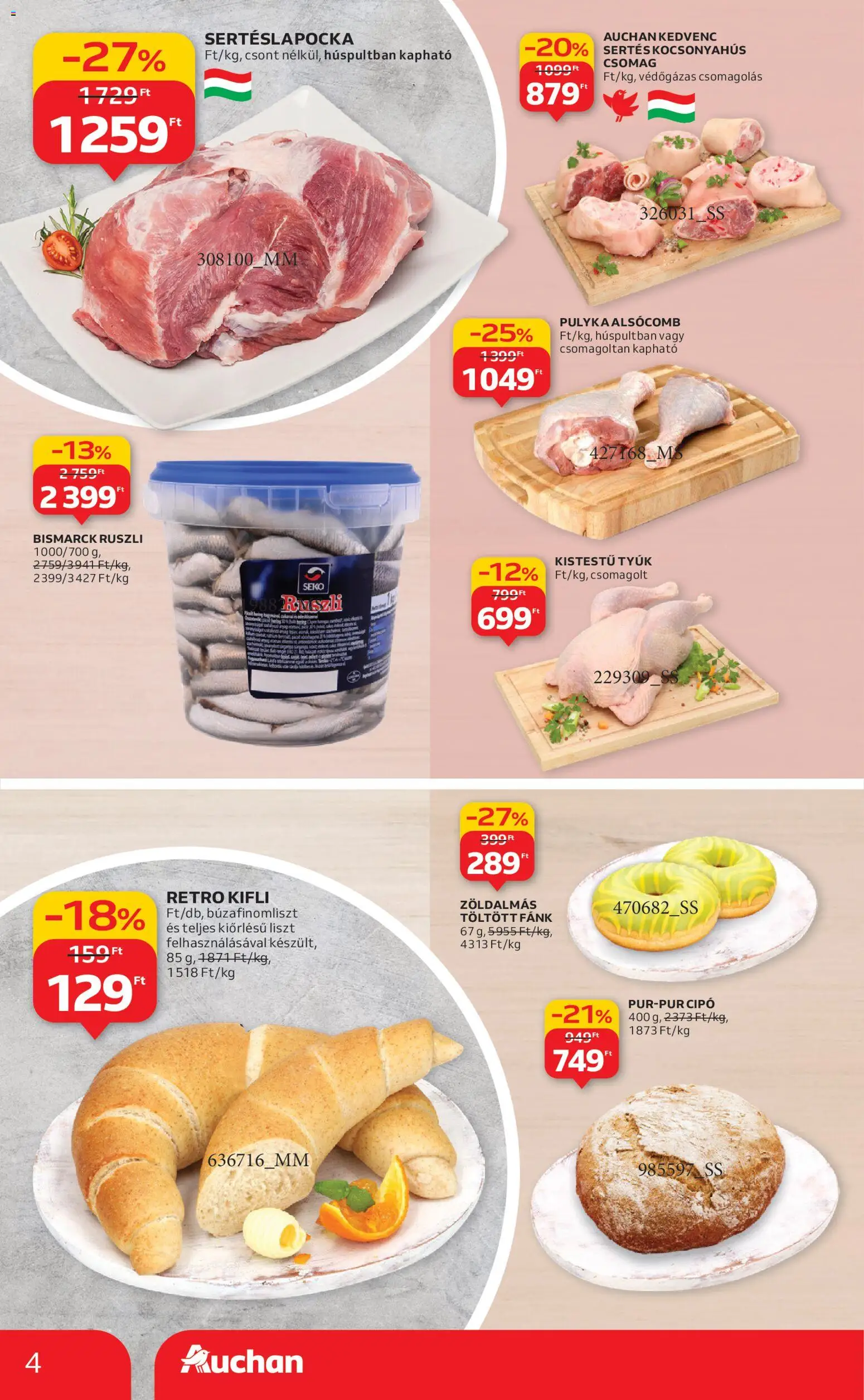 Auchan akciós ujság - amely érvényes a következő dátumtól: 22.01.2026 | Oldal: 4 | Termékek: Fánk, Sertéslapocka, Kifli, Kocsonyahús