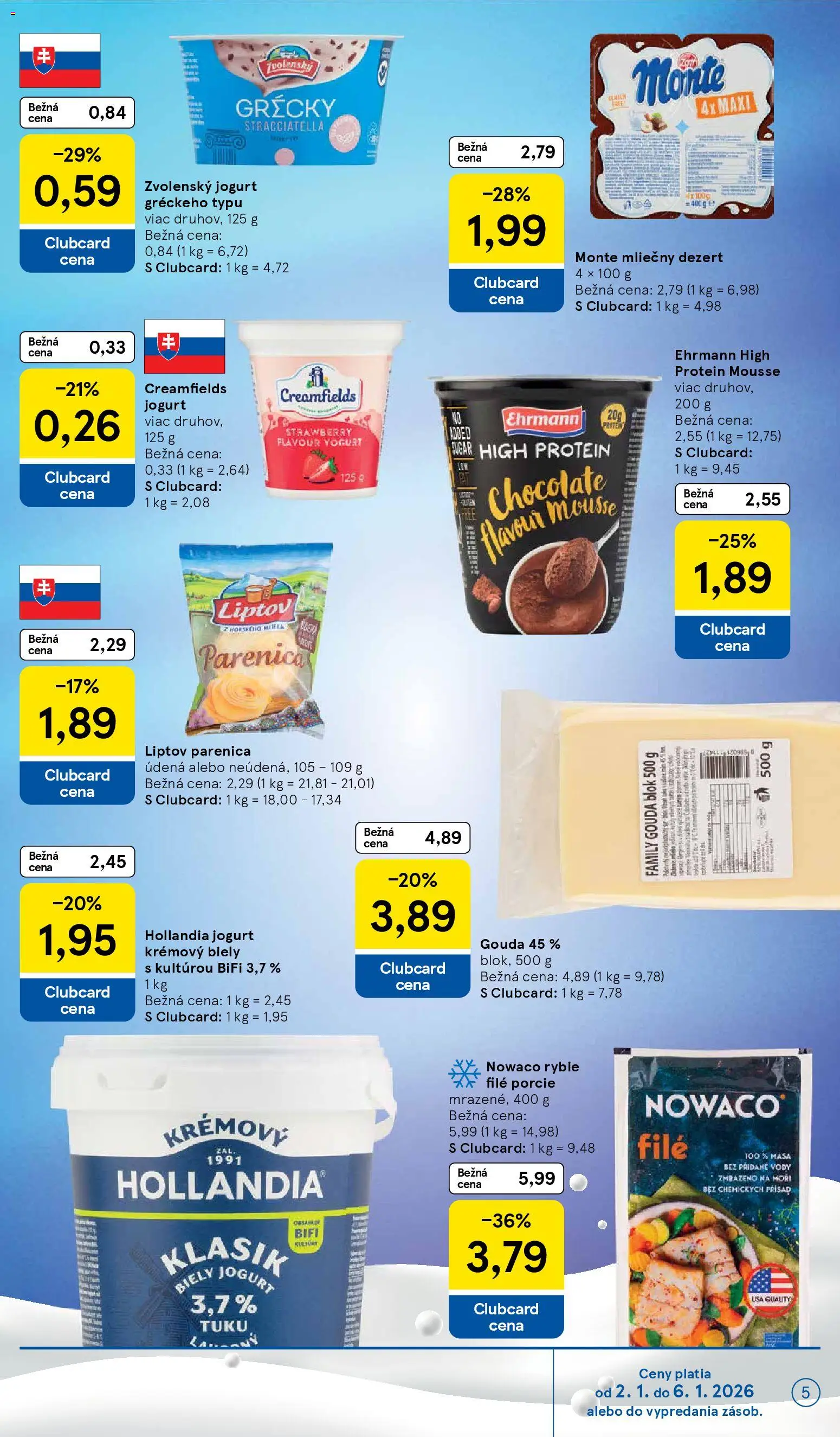 Nové Tesco akcie – leták je platný od 02.01.2026 | Strana: 5 | Produkty: Jogurt, Gouda, Protein, Biely jogurt