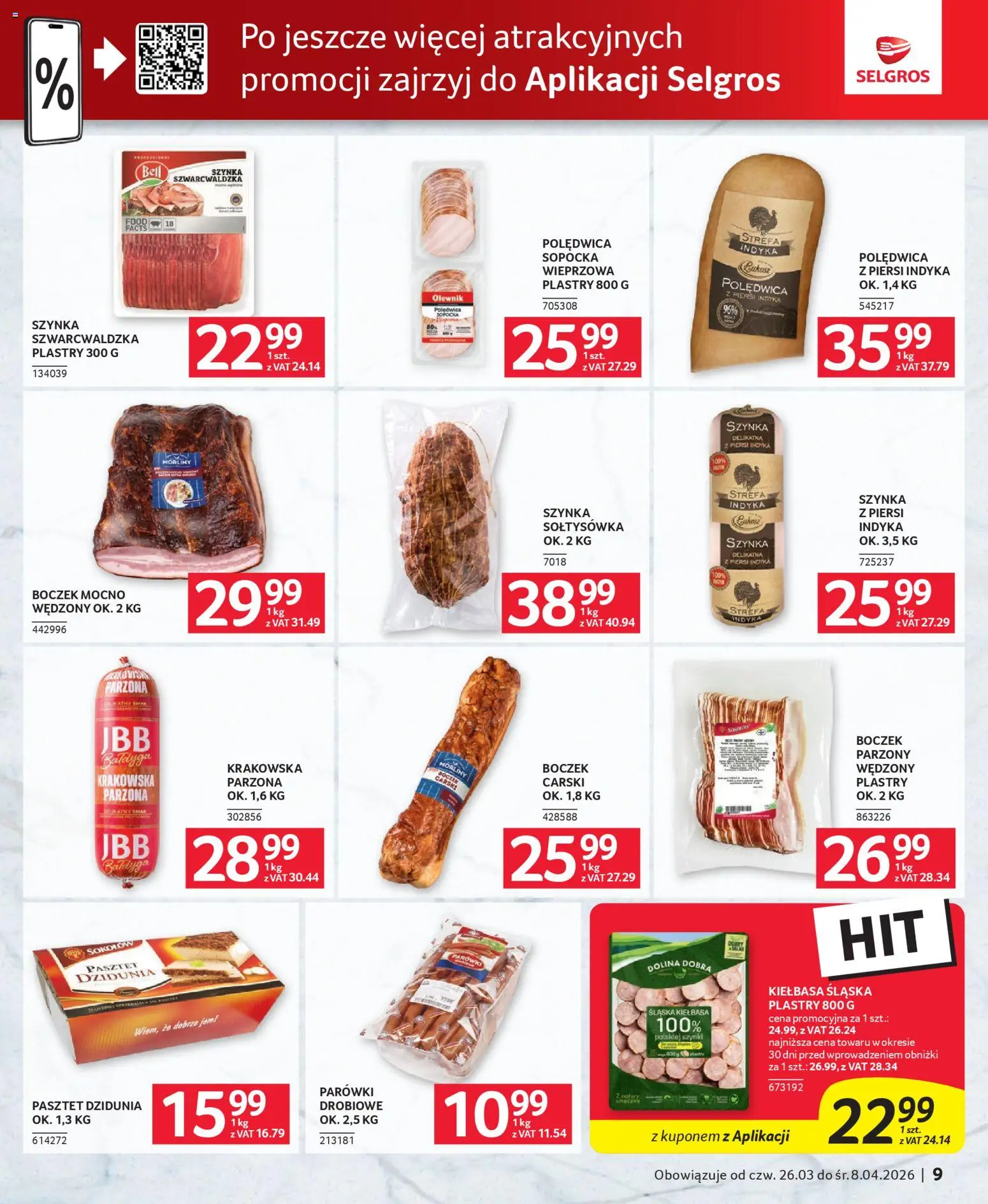Selgros cash&carry gazetka - Oferta dla gastronomii od 26.03.2026 | Strona: 9 | Produkty: Kiełbasa, Piersi, Szynka, Boczek wędzony