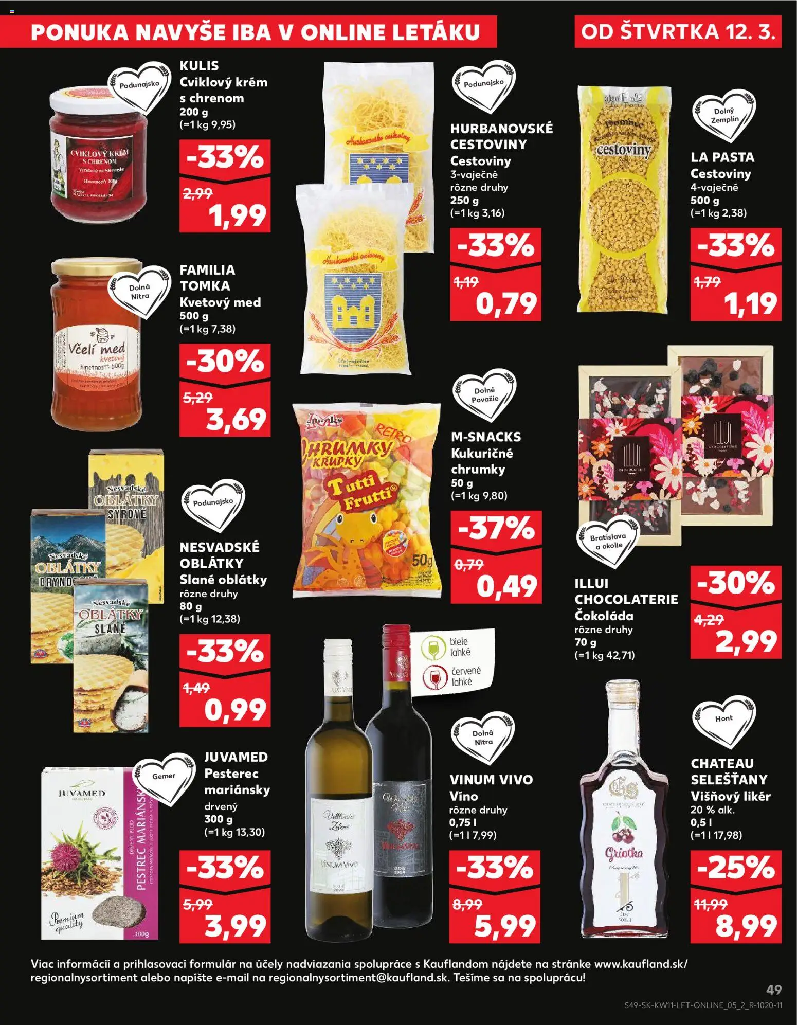 Nové Kaufland akcie – leták je platný od 12.03.2026 | Strana: 49 | Produkty: Víno, Cestoviny, Krém, Med