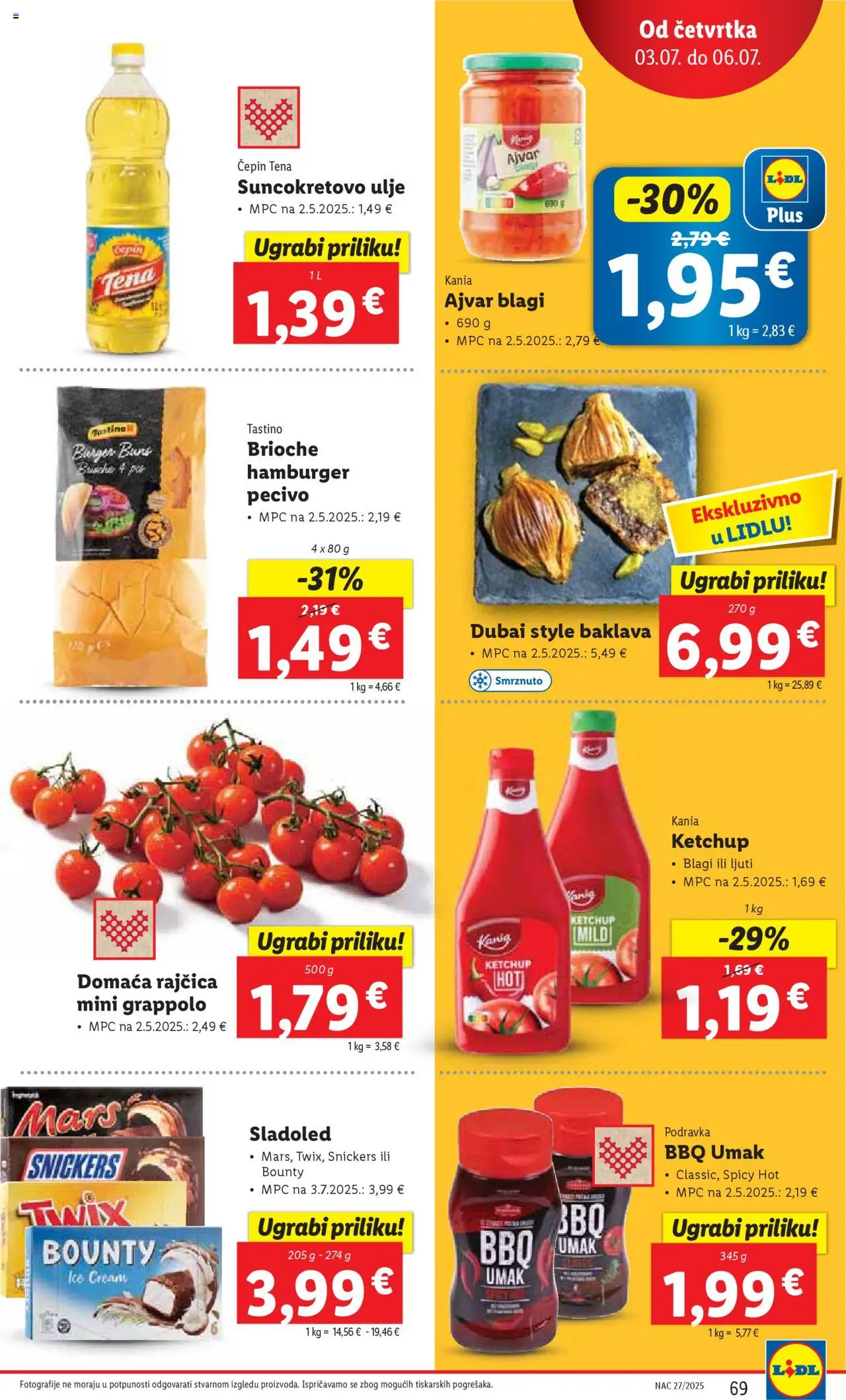 Lidl katalog | vrijedi od 30.06.2025 | Stranica: 69 | Proizvodi: Snickers, Ajvar, Hamburger, Pecivo