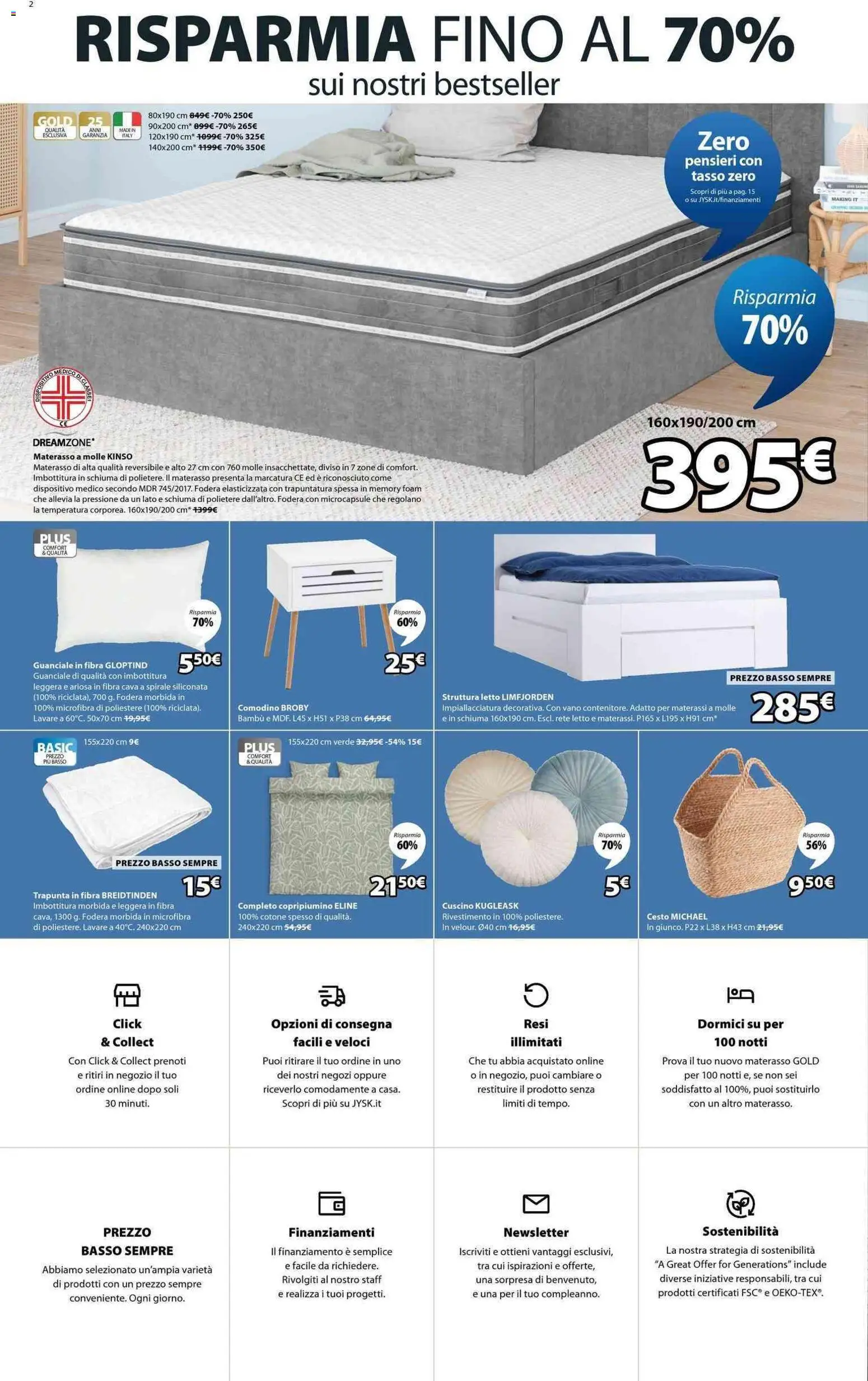 Volantino JYSK del 24.04.2026 | Pagina: 2 | Prodotti: Trapunta, Materasso, Comodino, Guanciale