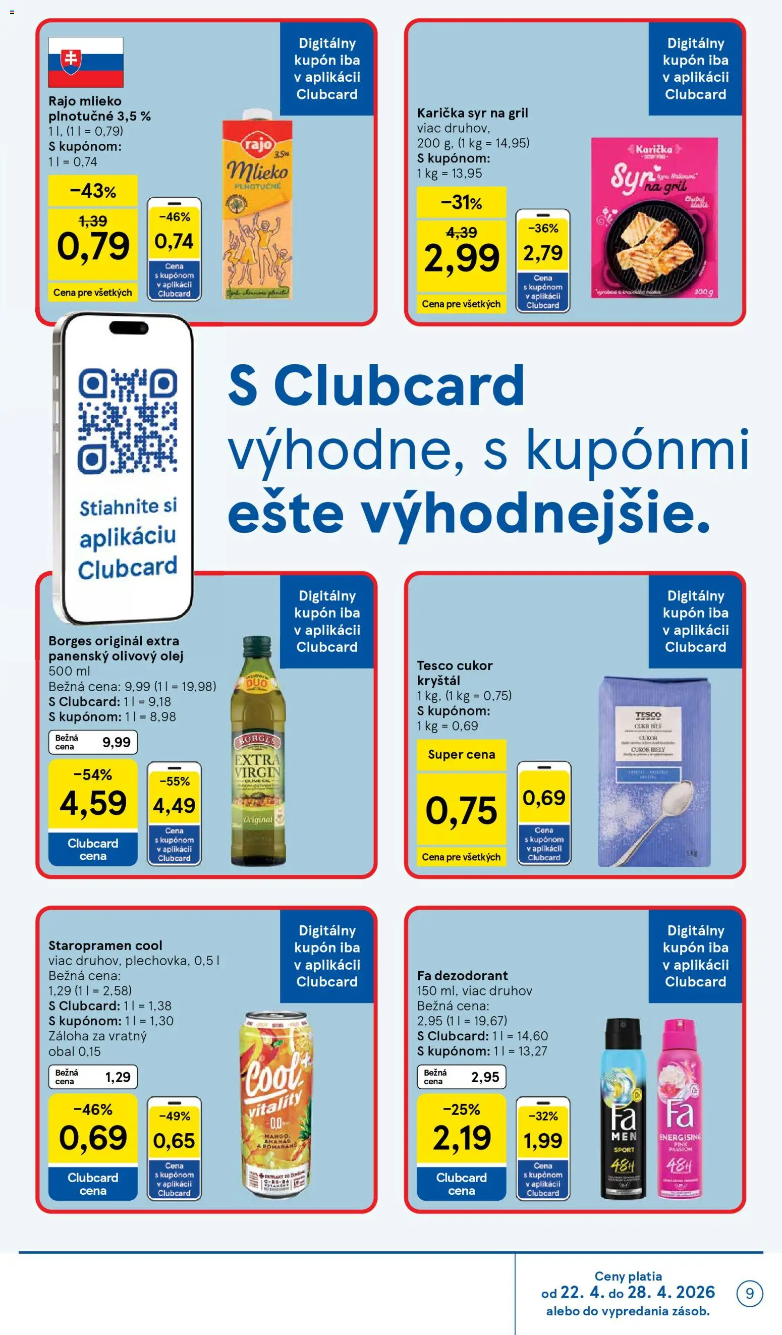 Nové Tesco akcie – leták je platný od 22.04.2026 | Strana: 9 | Produkty: Gril, Syr, Dezodorant, Staropramen