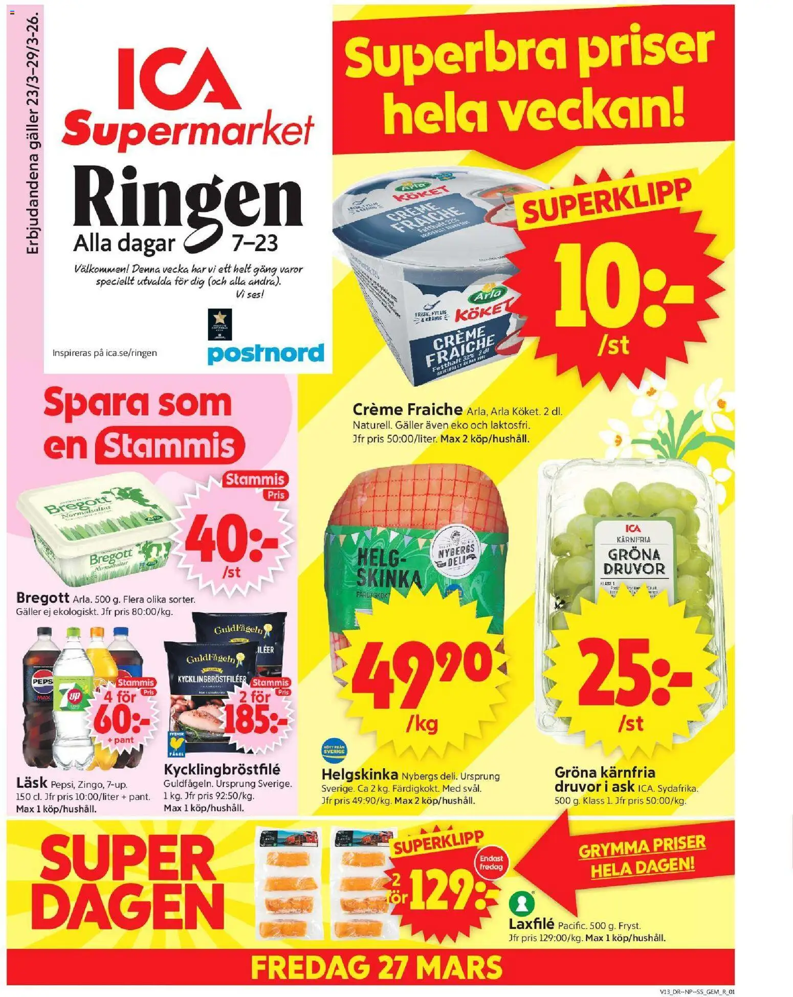 ICA Supermarket reklamblad aktuell från 23.03.2026 | Sida: 1 | Produkter: Gem, Galler, Bregott, Creme fraiche
