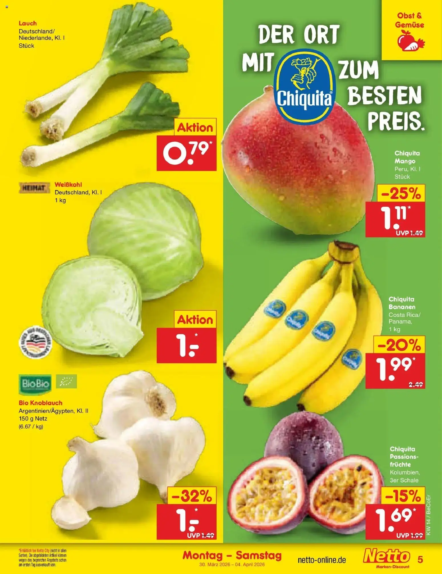 Netto Marken-Discount Prospekt Bitterfeld-Wolfen	 – gültig ab 30.03.2026 | Seite: 5 | Produkte: Bananen, Gemüse, Mango, Knoblauch