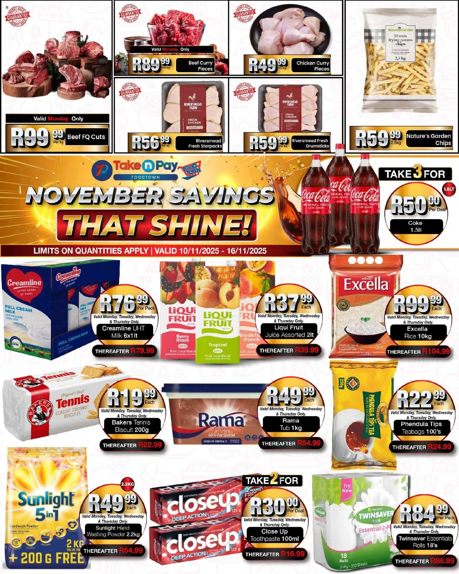 New Take n Pay catalogue – valid from 10.11.2025 | Page: 1 | Products: Coke, Beef, Fat spread, Washing powder