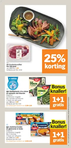 Iglo bladspinazie à la crème en spinazie met Boursin, Diepvries. Combineren mogelijk. Bijv. spinazie met Boursin 2 dozen van 450 gram - Voorbeeld van een folder van Albert Heijn, geldig van 27.10.2025 | Pagina: 9