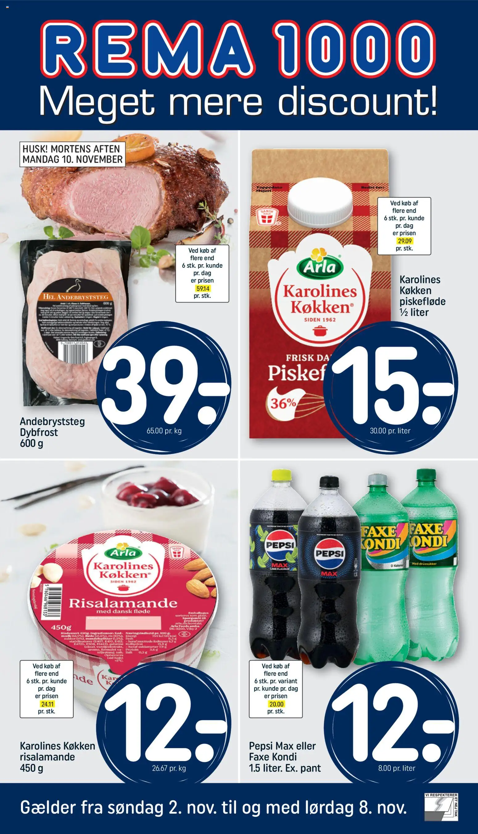 Rema 1000 tilbudsavis – gyldig fra 02.11.2025 | Side: 1 | Produkter: Risalamande, Fløde, Pepsi, Pepsi Max