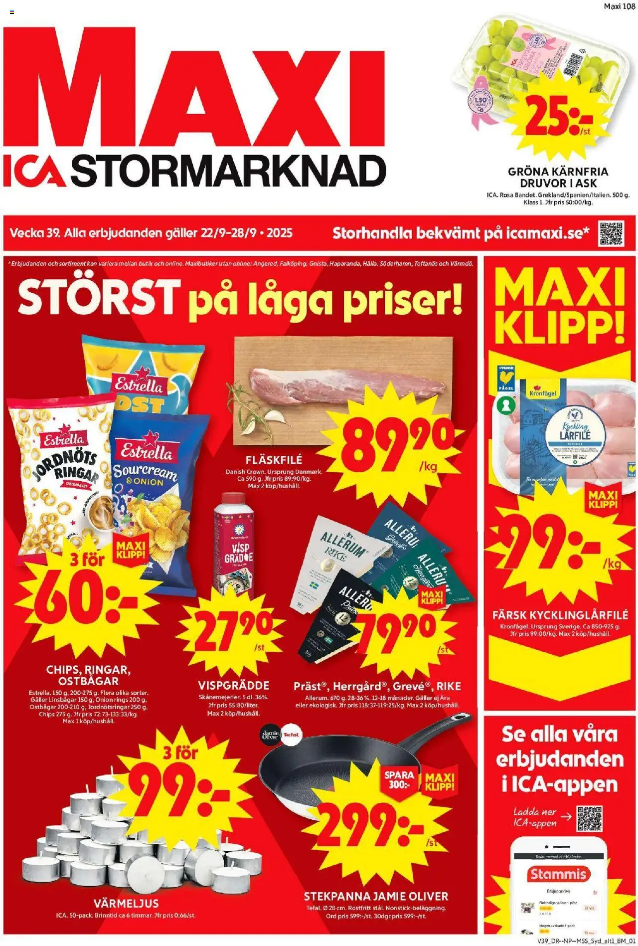 ICA Maxi reklamblad aktuell från 22.09.2025 | Sida: 1 | Produkter: Oliver, Chips, Värmeljus, Grädde