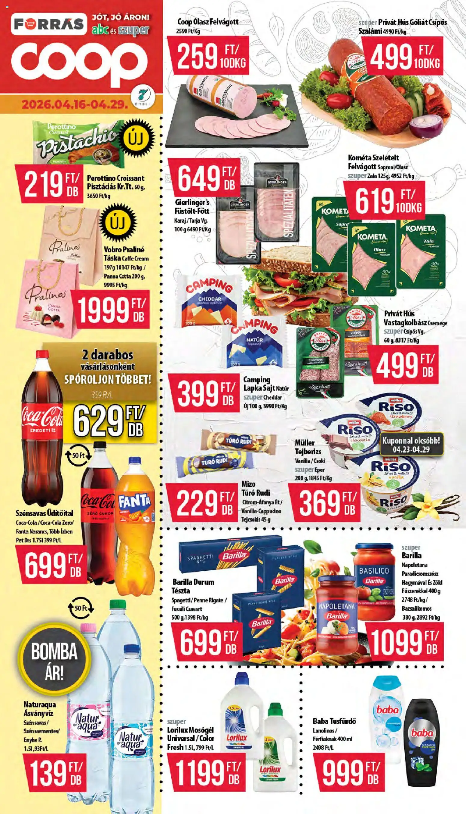 COOP akciós ujság - amely érvényes a következő dátumtól: 16.04.2026 | Oldal: 1 | Termékek: Hús, Penne, Szalámi, Túró