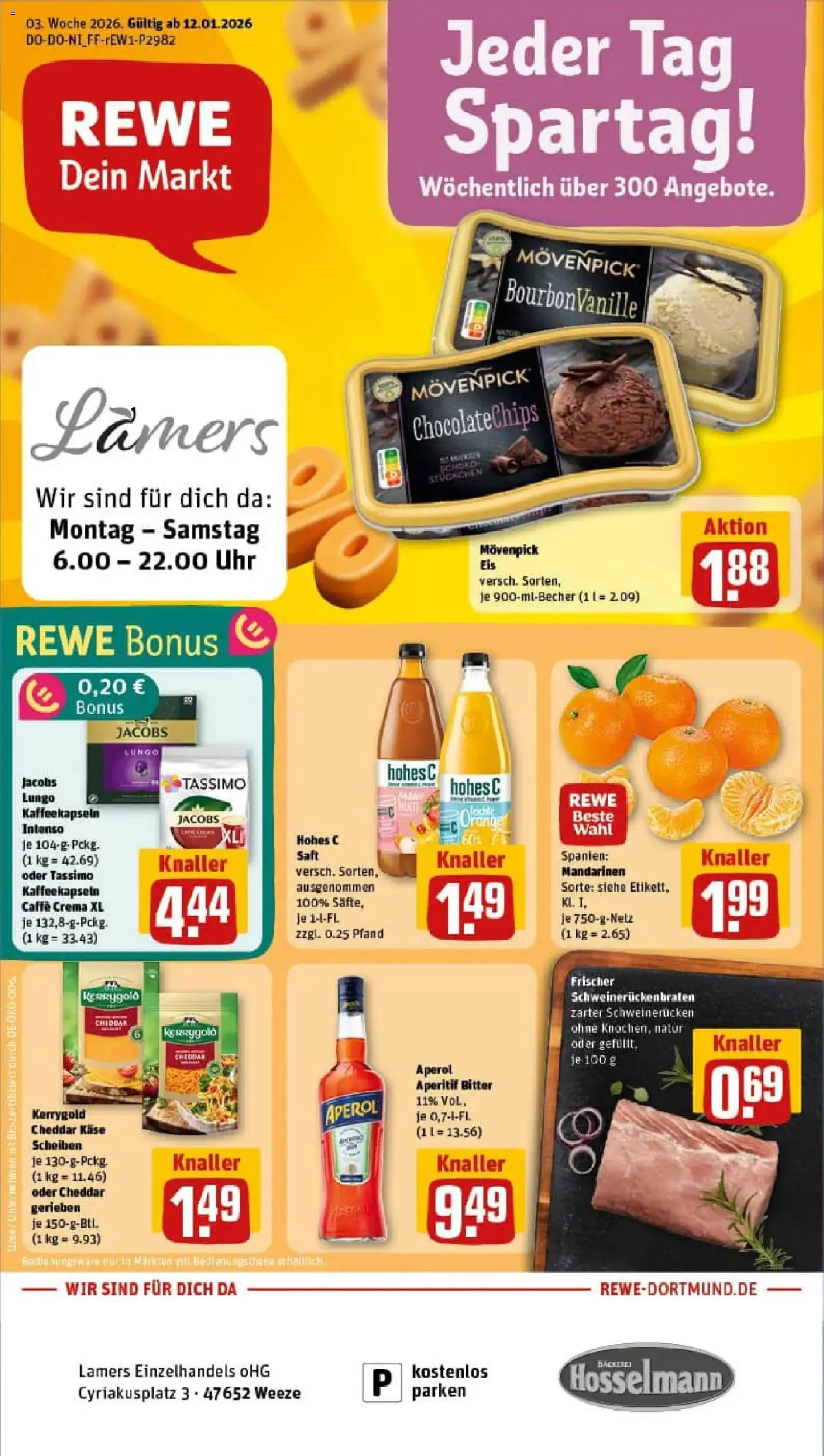 Rewe prospekt Weeze	 – gültig ab 11.01.2026 | Seite: 1 | Produkte: Käse, Schweinerucken, Aperol, Saft