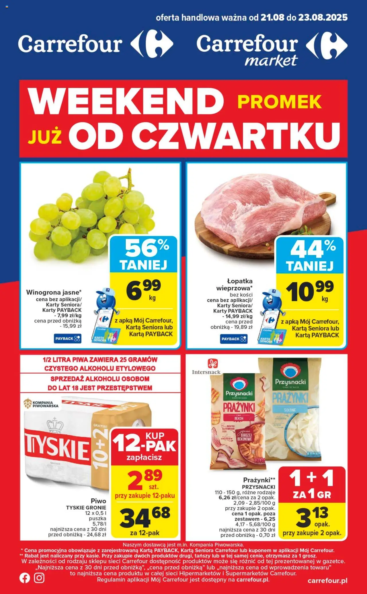 Carrefour Gazetka - Weekend promek już od czwartku od 21.08.2025 | Strona: 1 | Produkty: Karta, Winogrona, Tyskie, Piwo
