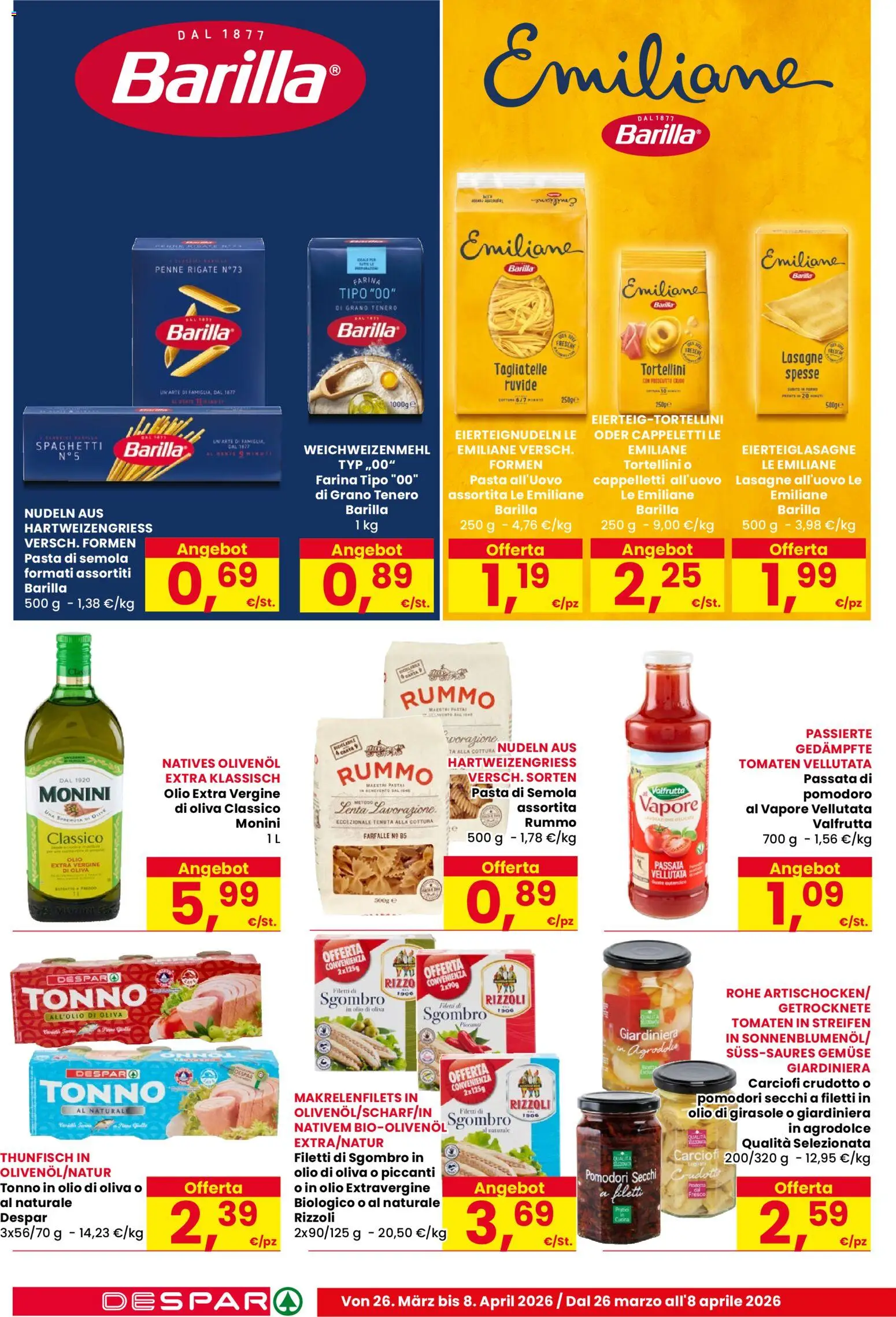 Volantino Despar del 26.03.2026 | Pagina: 14 | Prodotti: Tagliatelle, Tonno, Sgombro, Olio di Oliva