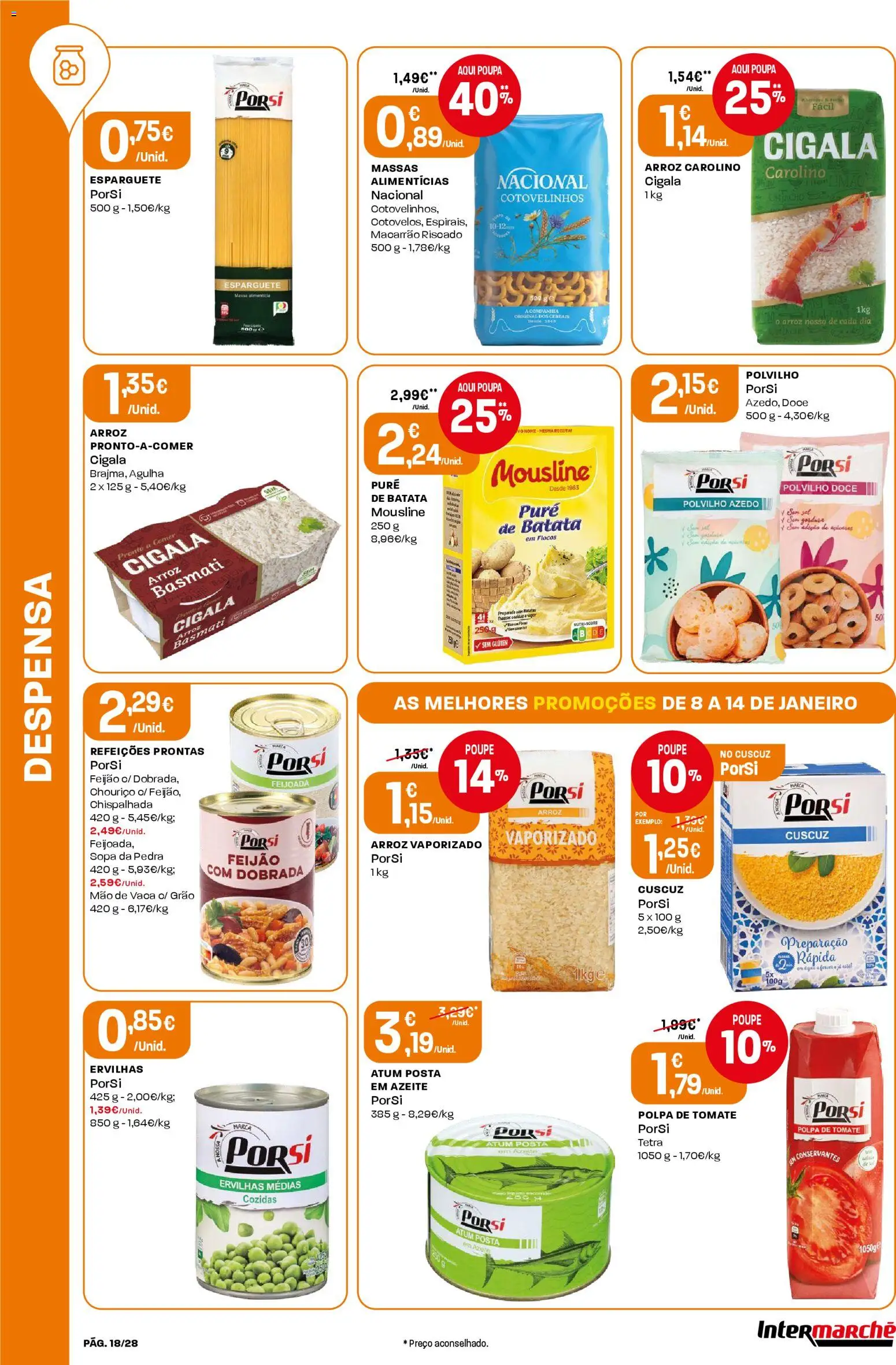 Intermarché Folheto Contact │ válido de 08.01.2026 | Página: 18 | Produtos: Azeite, Chouriço, Tomate, Cereais