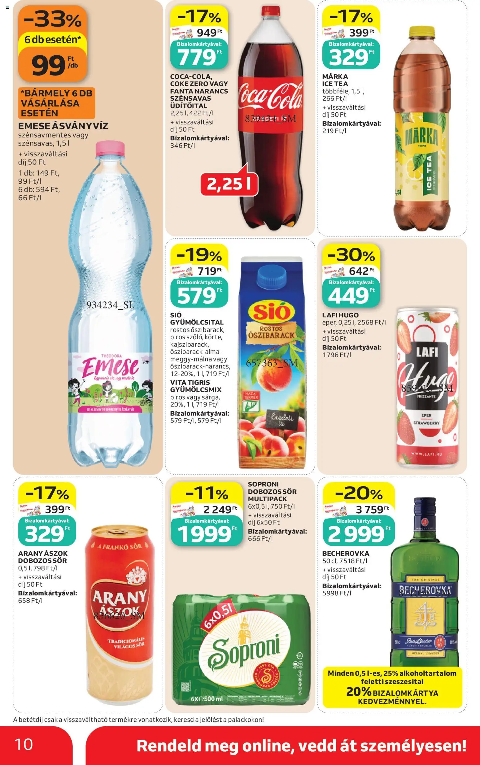Auchan akciós ujság - amely érvényes a következő dátumtól: 30.04.2026 | Oldal: 10 | Termékek: Őszibarack, Coca Cola, Becherovka, Dobozos sör