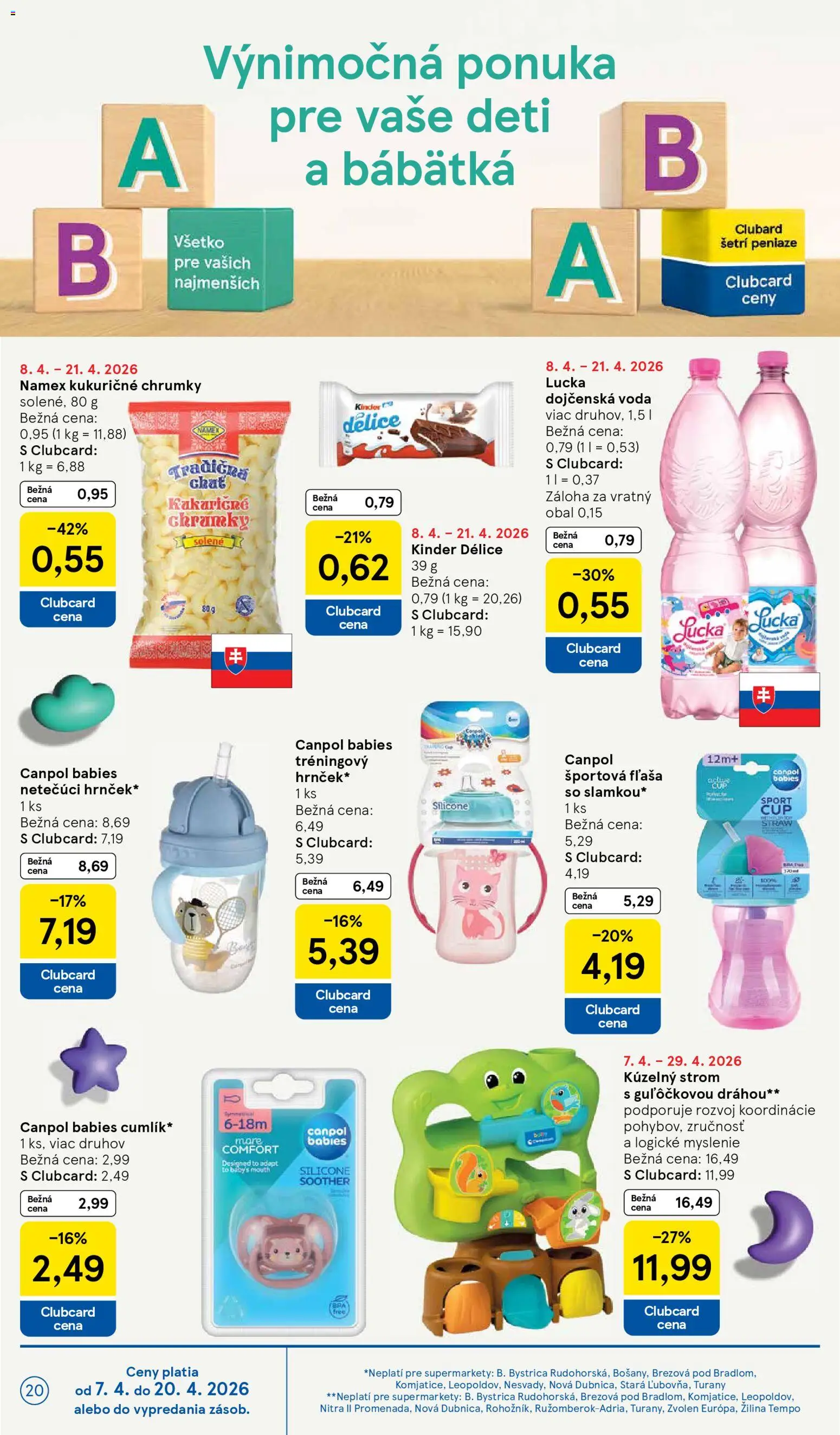Nové Tesco akcie – leták je platný od 08.04.2026 | Strana: 20 | Produkty: Kinder, Lucka, Voda
