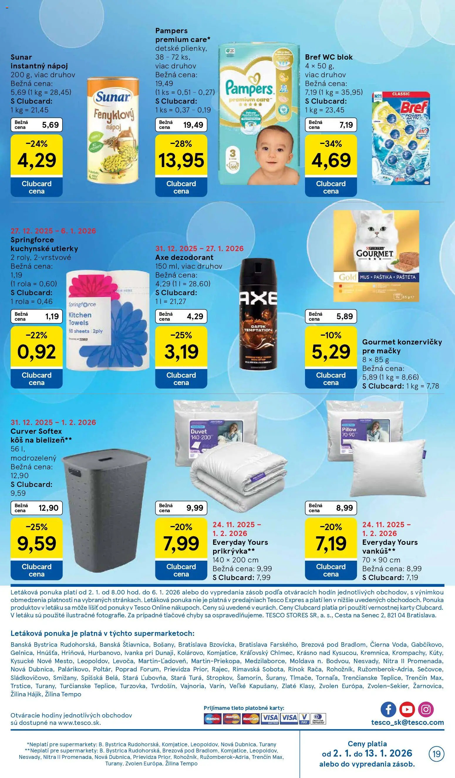 Nové Tesco akcie – leták je platný od 02.01.2026 | Strana: 19 | Produkty: Vankúš, Kôš na bielizeň, Hodiny, Sunar