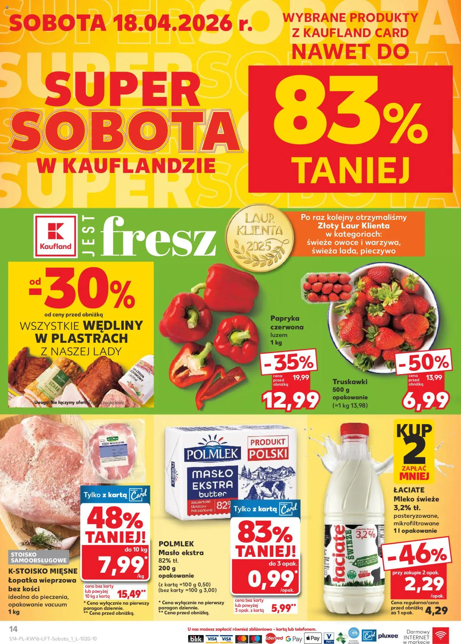 Kaufland Polsko leták od 16.04.2026 | Strana: 14 | Produkty: Mléko, Máslo, Lopatka, Karty