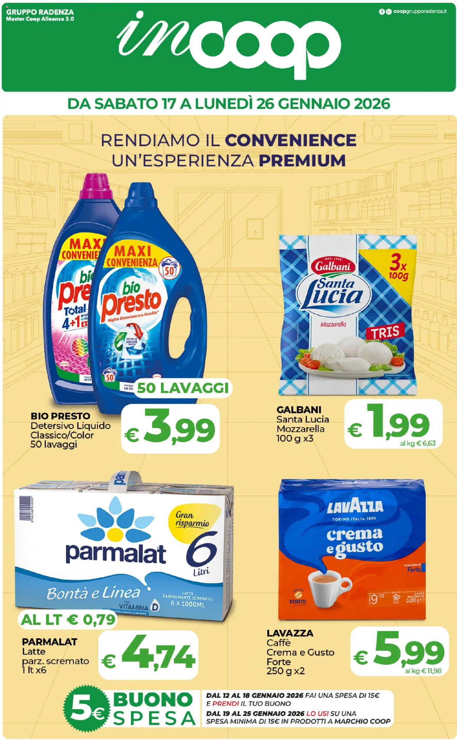 Volantino COOP del 17.01.2026 | Pagina: 1 | Prodotti: Crema, Mozzarella, Lavazza, Macinato