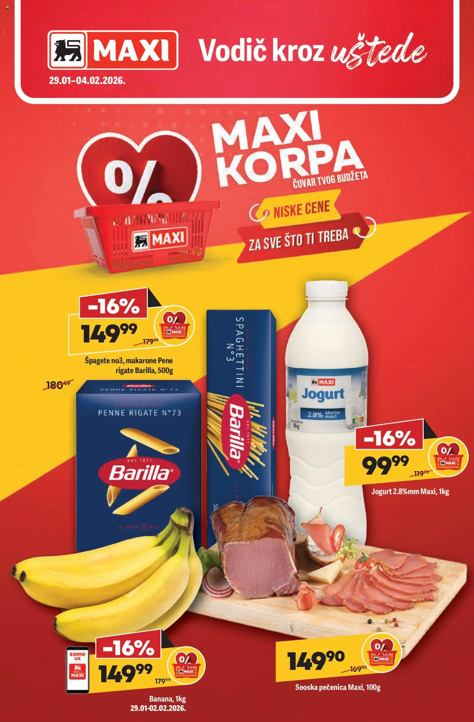 Maxi katalog - važi od 29.01.2026 | Strana: 1 | Proizvode: Sto, Korpa, Jogurt, Pečenica