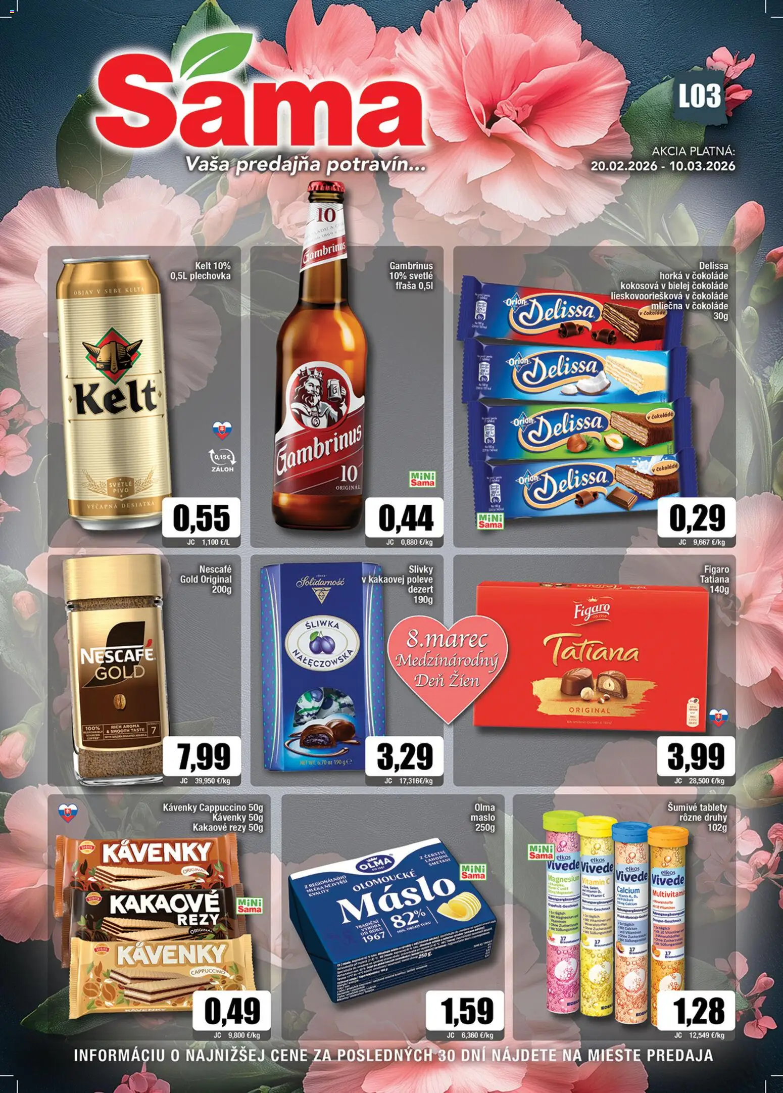 Nové Sama akcie – leták je platný od 20.02.2026 | Strana: 1 | Produkty: Maslo, Kelt, Gambrinus, Slivky