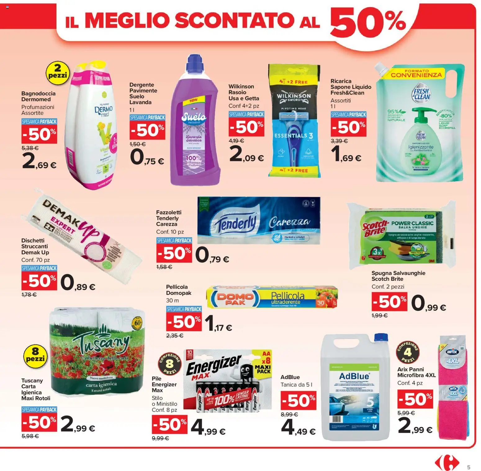 Volantino Carrefour del 07.04.2026 | Pagina: 5 | Prodotti: Pile, Rasoio, Carta igienica, Sapone