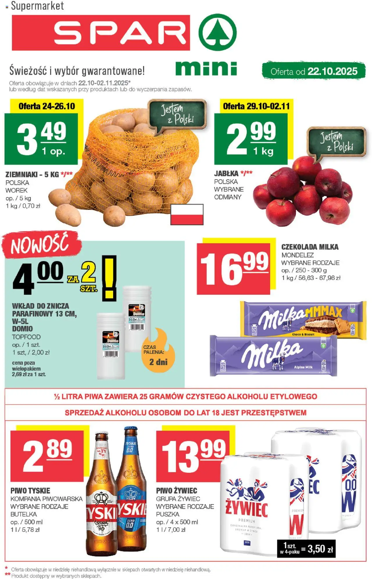 Spar Gazetka - Mini od 22.10.2025 | Strona: 1 | Produkty: Milka, Czekolada, Piwo, Ziemniaki