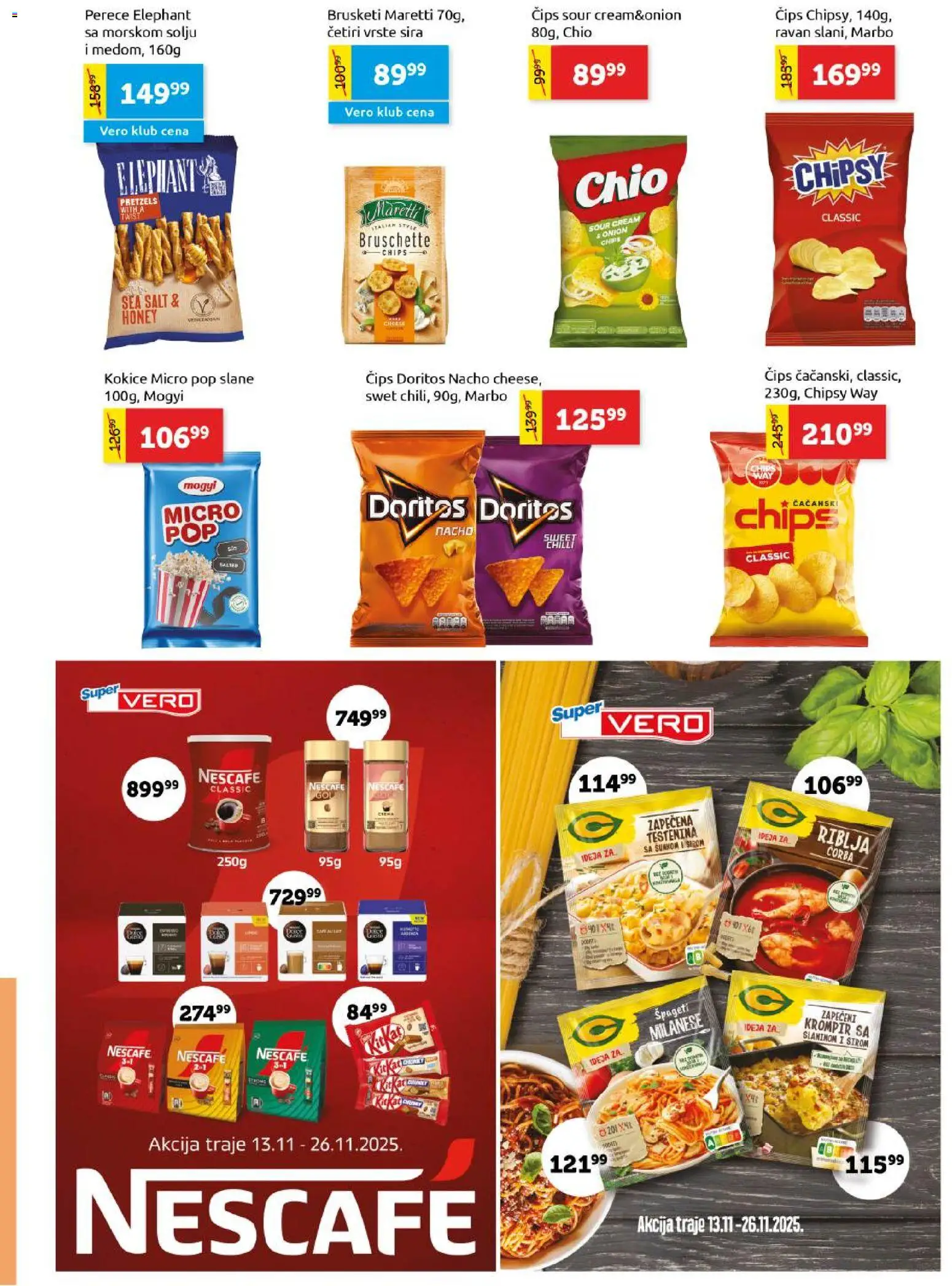 SuperVERO katalog - važi od 13.11.2025 | Strana: 15 | Proizvode: Čips, Brusketi, Špageti, Nescafé