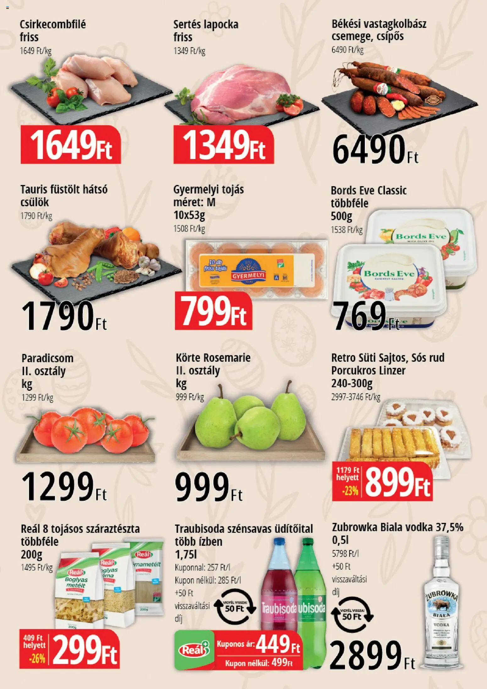 Reál akciós ujság - amely érvényes a következő dátumtól: 26.03.2026 | Oldal: 2 | Termékek: Körte, Vastagkolbász, Száraztészta, Vodka