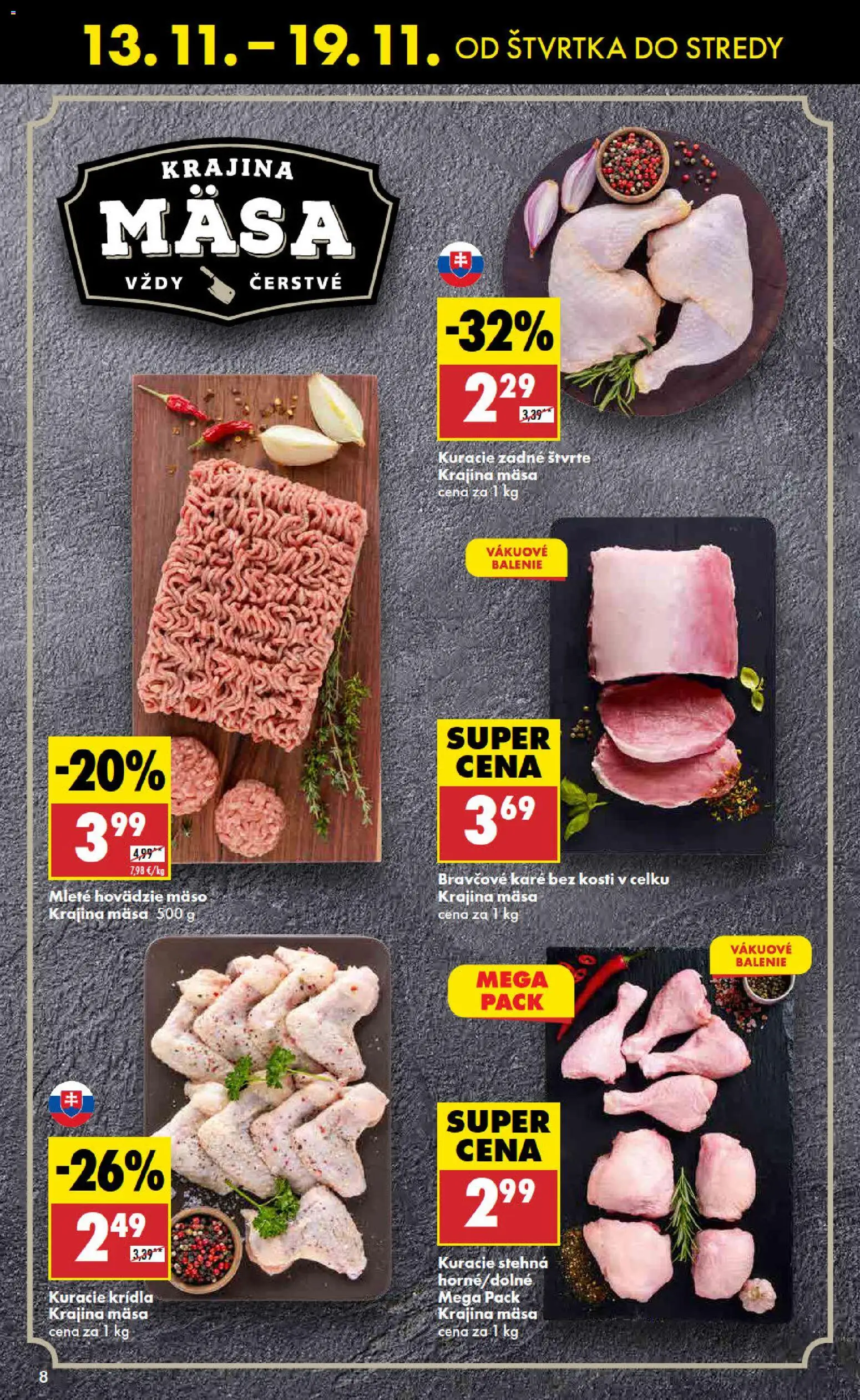 Nové Biedronka akcie – leták je platný od 13.11.2025 | Strana: 8 | Produkty: Hovädzie mäso, Kuracie stehná, Kuracie krídla, Bravčové karé