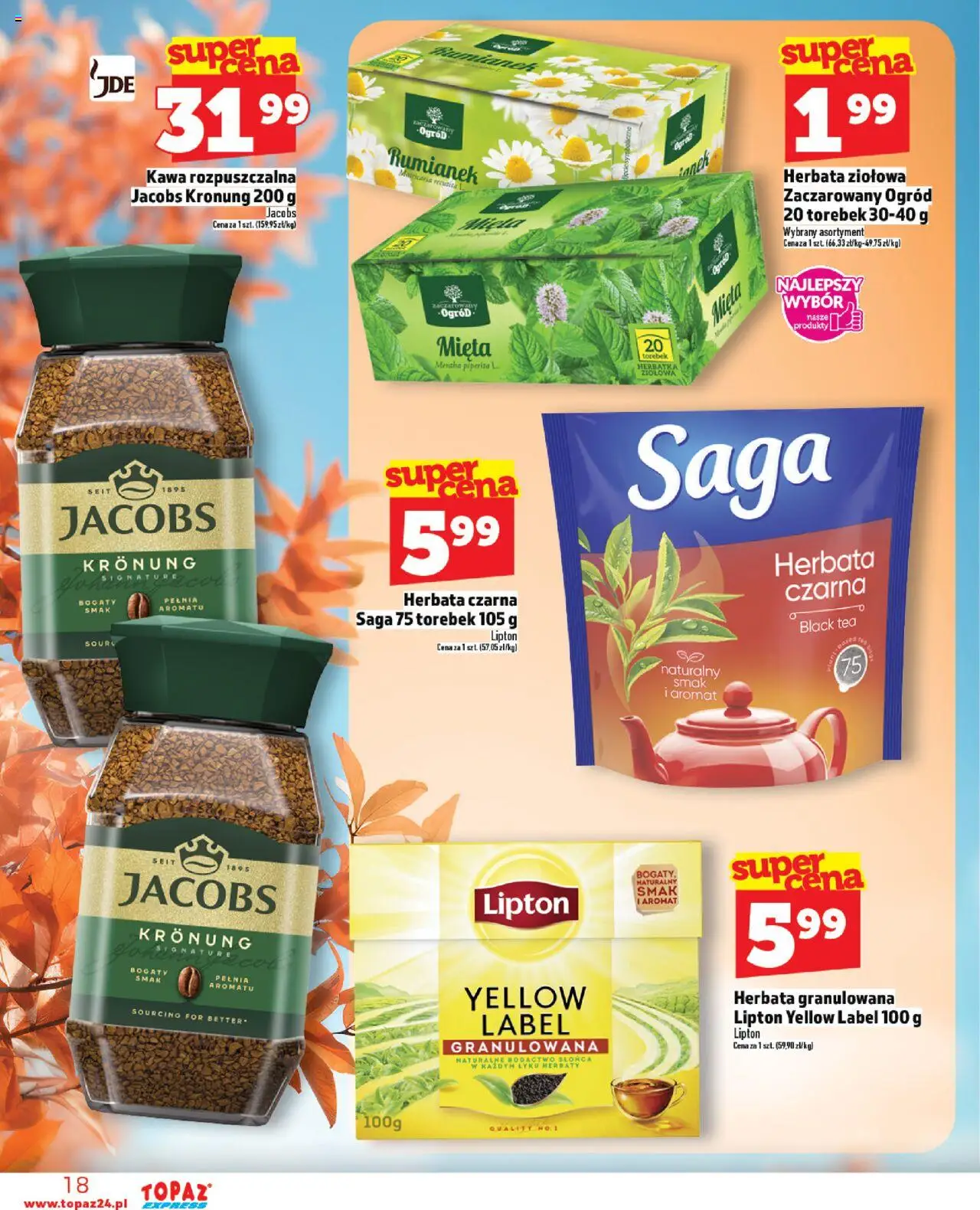 Topaz Gazetka - Express od 23.10.2025 | Strona: 18 | Produkty: Kawa rozpuszczalna, Mięta, Kawa, Herbata