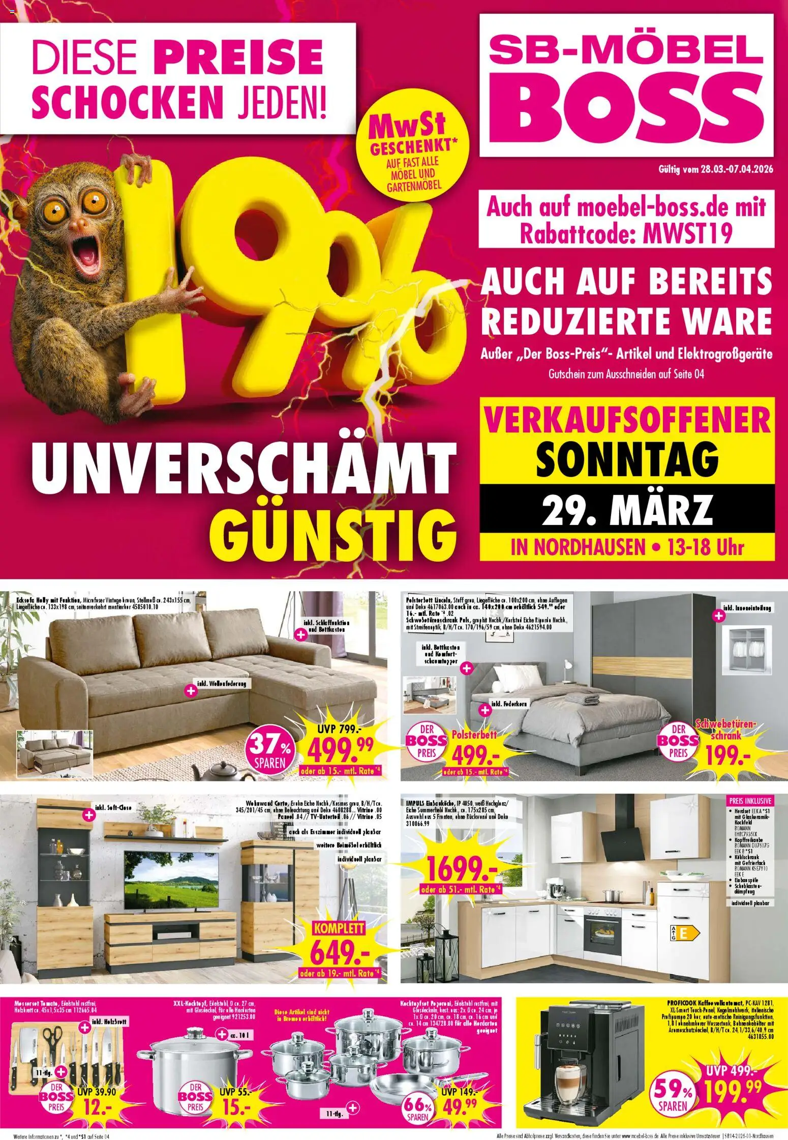 SB Möbel Boss Prospekt Nordhausen – gültig ab 28.03.2026 | Seite: 1 | Produkte: Wohnwand, Vitrine, Kühlschrank, Kochfeld
