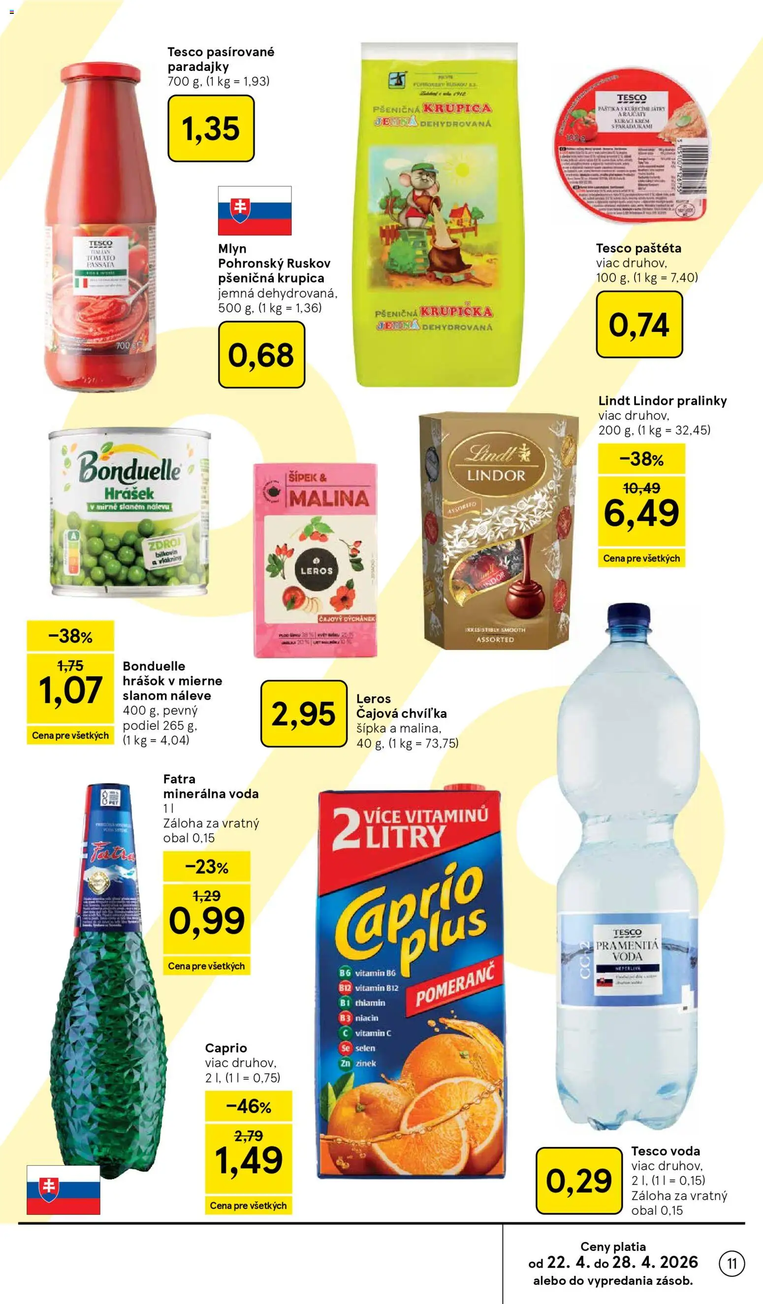 Nové Tesco akcie – leták je platný od 22.04.2026 | Strana: 11 | Produkty: Paradajky, Lindt, Krém, Fatra