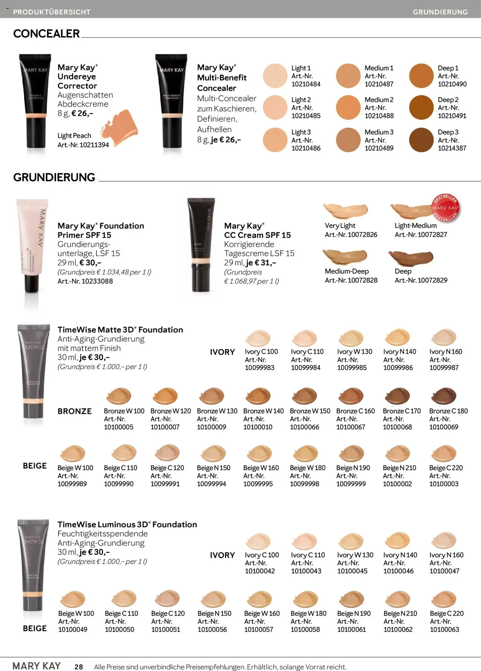 Mary Kay Katalog – gültig ab 15.04.2026 | Seite: 28 | Produkte: Concealer, CC Cream, Foundation, Primer