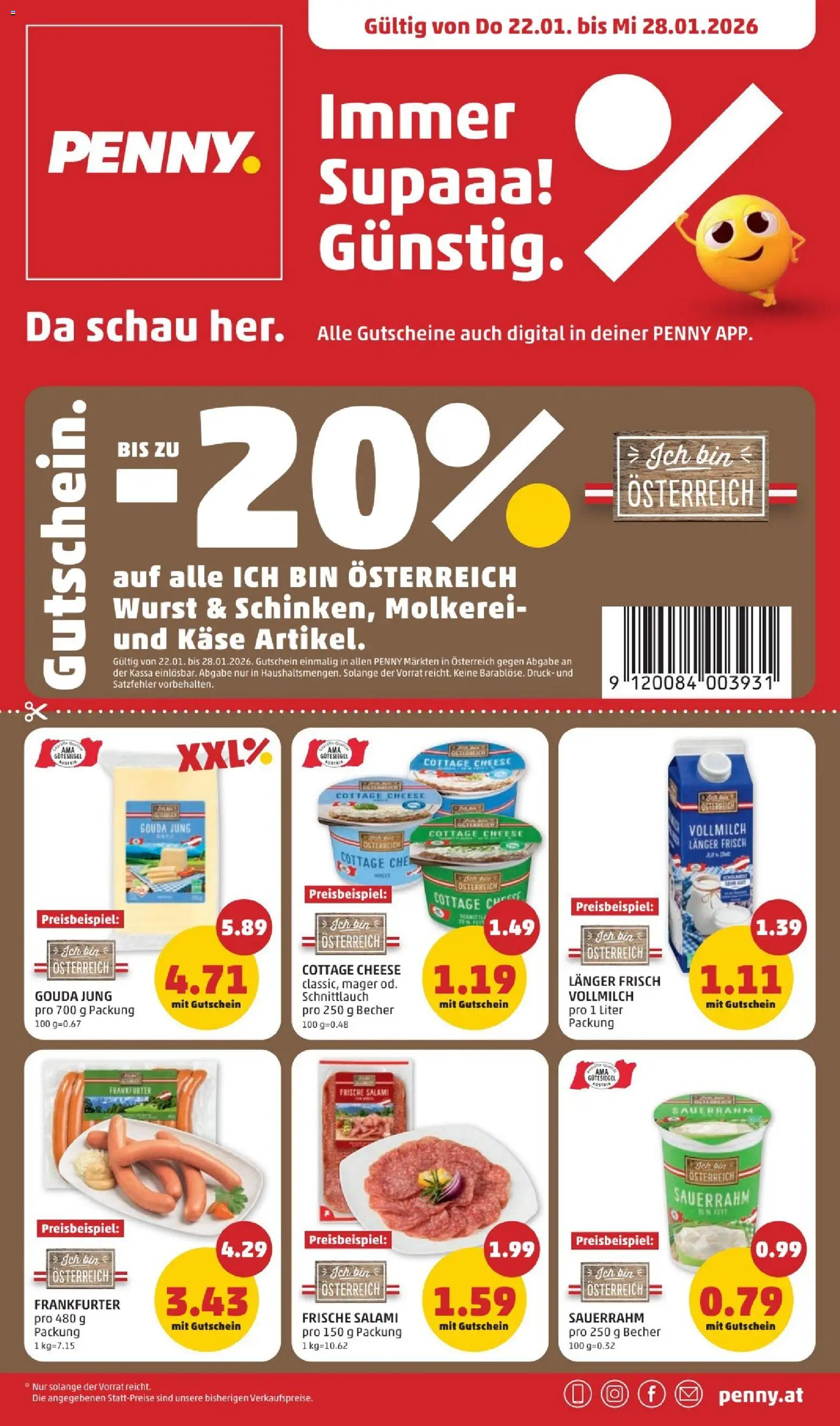 Penny Markt Immer Supaaa Günstig gültig ab 22.01.2026 | Seite: 1 | Produkte: Wurst, Käse, Salami, Sauerrahm