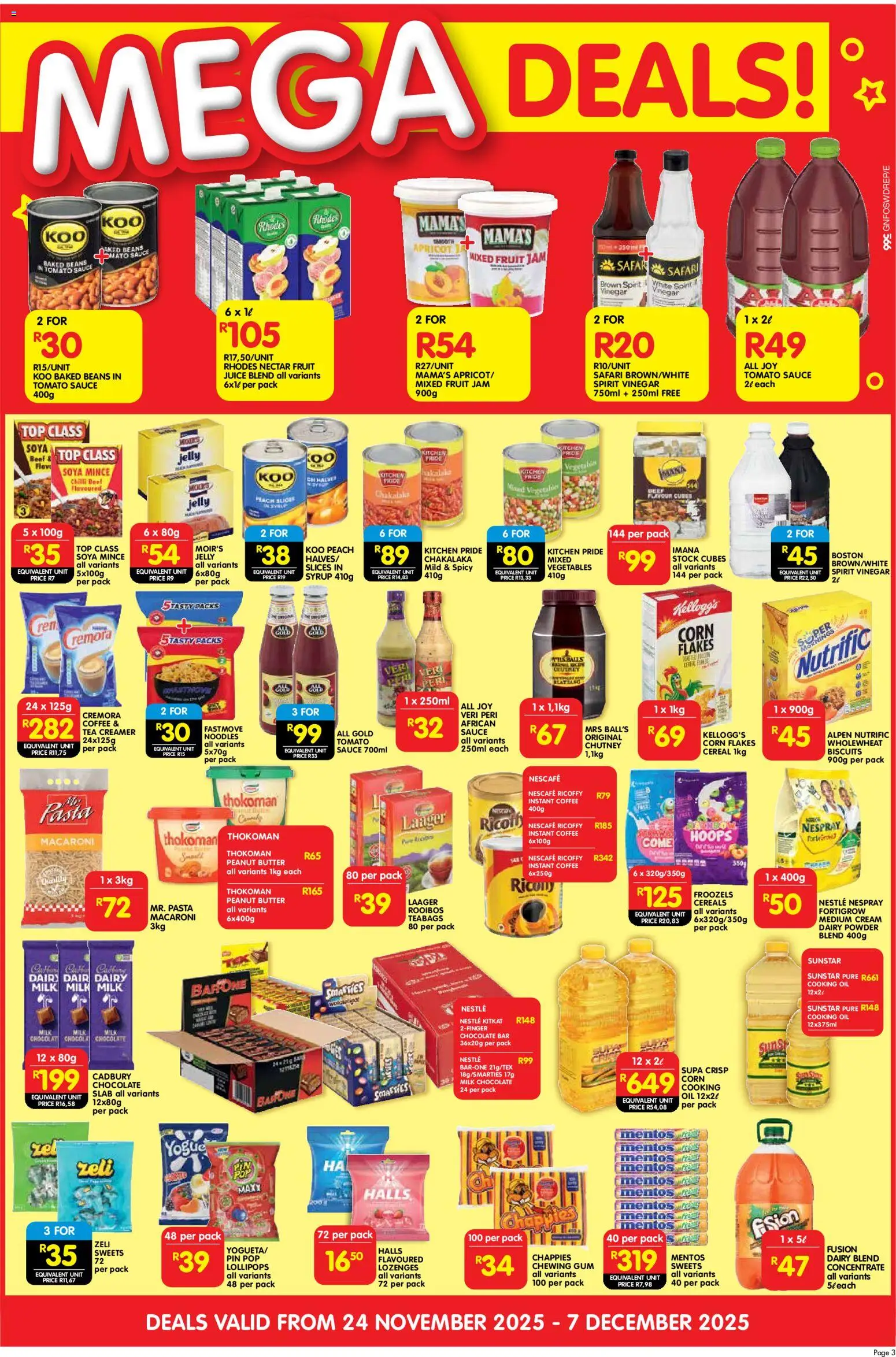 New Shoprite catalogue – valid from 24.11.2025 | Page: 3 | Products: Sweets, Oil, Noodles, Cream