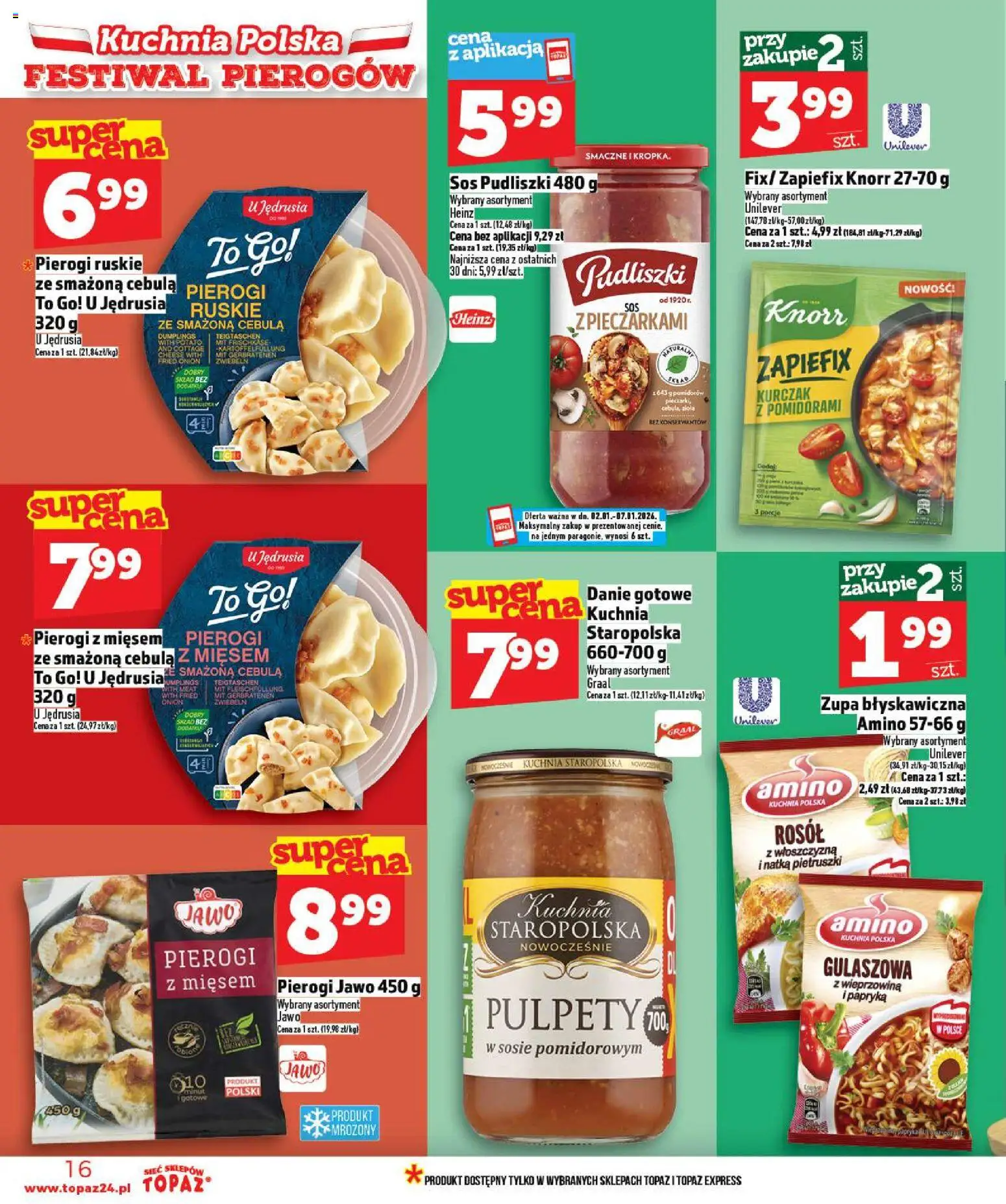 Topaz Gazetka - Ceny małe na stałe od 02.01.2026 | Strona: 16 | Produkty: Kurczak, Pierogi, Pierogi z mięsem, Zupa