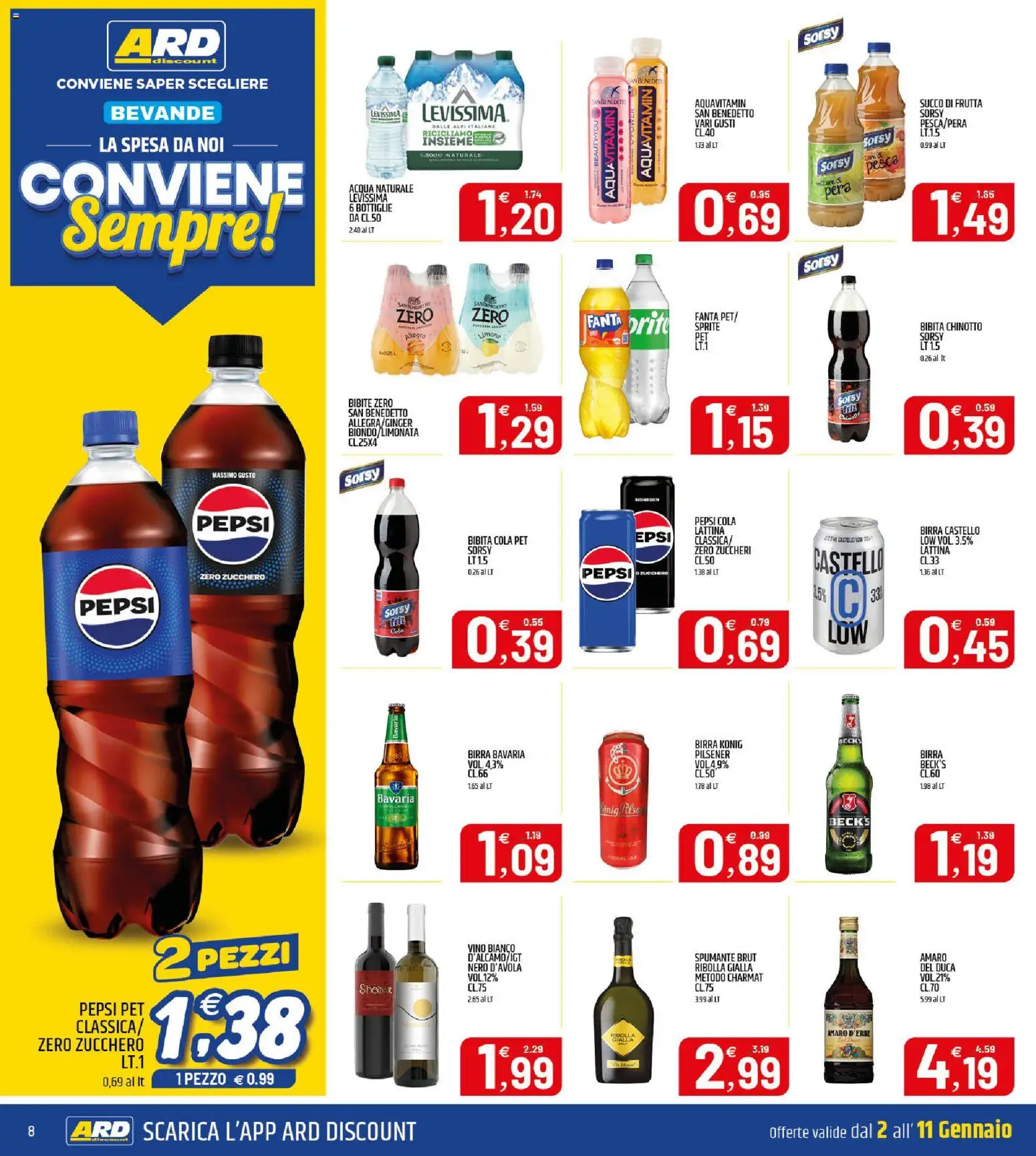 Volantino ARD Discount del 02.01.2026 | Pagina: 8 | Prodotti: Pesca, Pepsi, Succo di frutta, Amaro